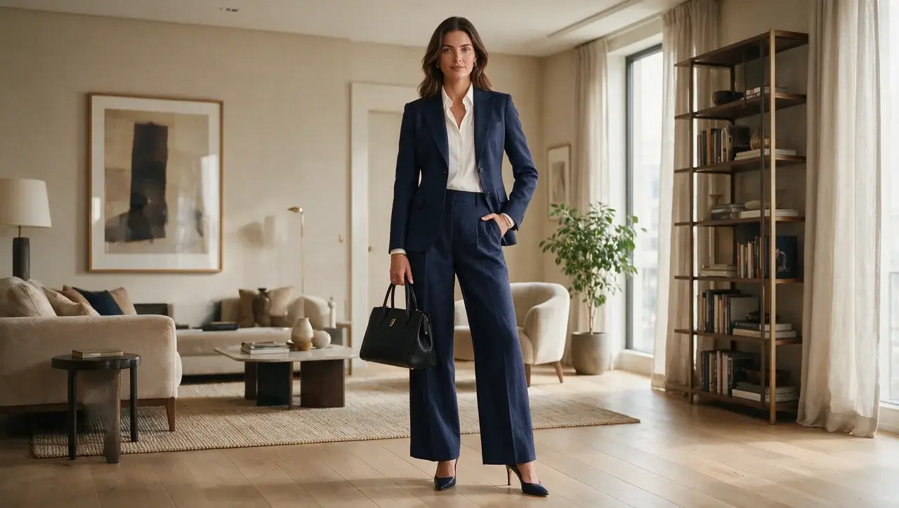 woman wearing navy blue pantsuit with handbag in a modern luxury living room setting