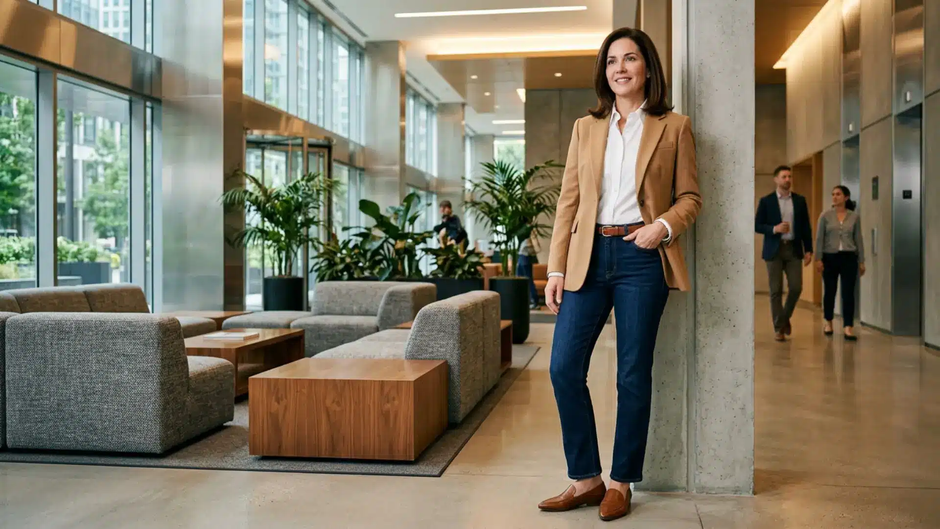 Woman wearing straight-leg jeans with a blazer for work.