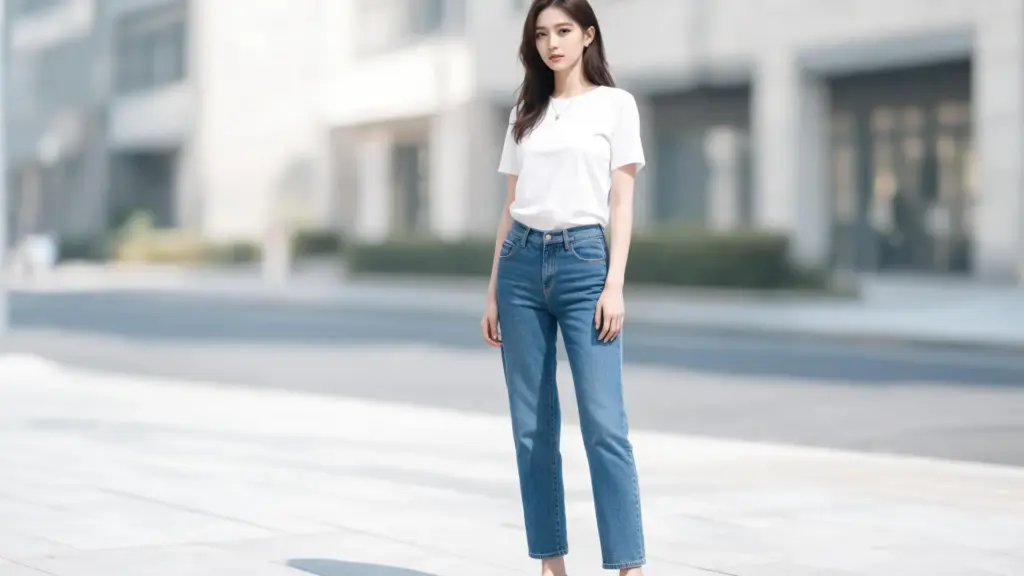 Woman wearing straight-leg jeans with white tee and loafers on a city sidewalk