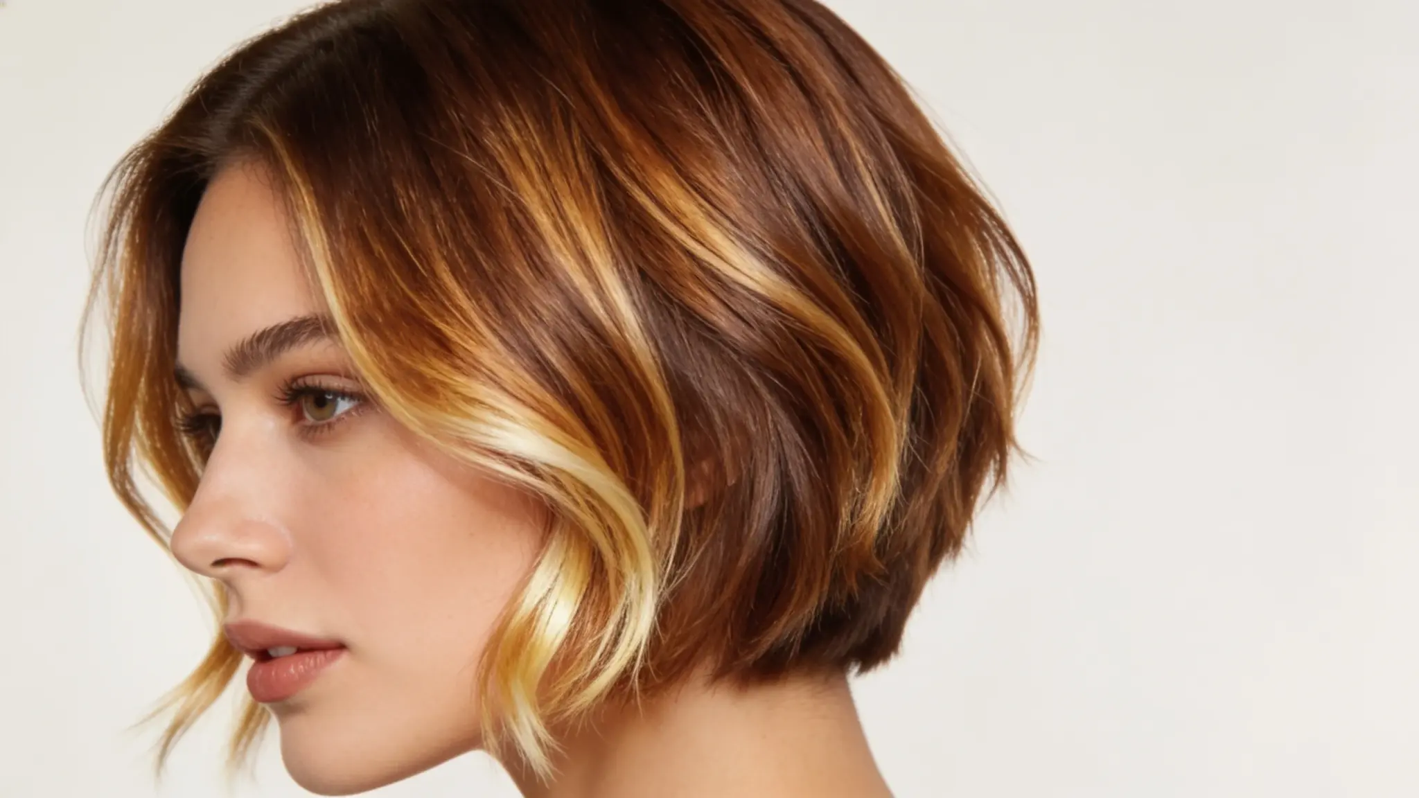 woman with balayage on short bob hair featuring warm highlights and face framing pieces