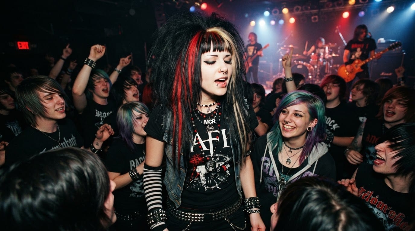 woman with black and red hair wearing emo fashion while dancing in a crowded rock concert