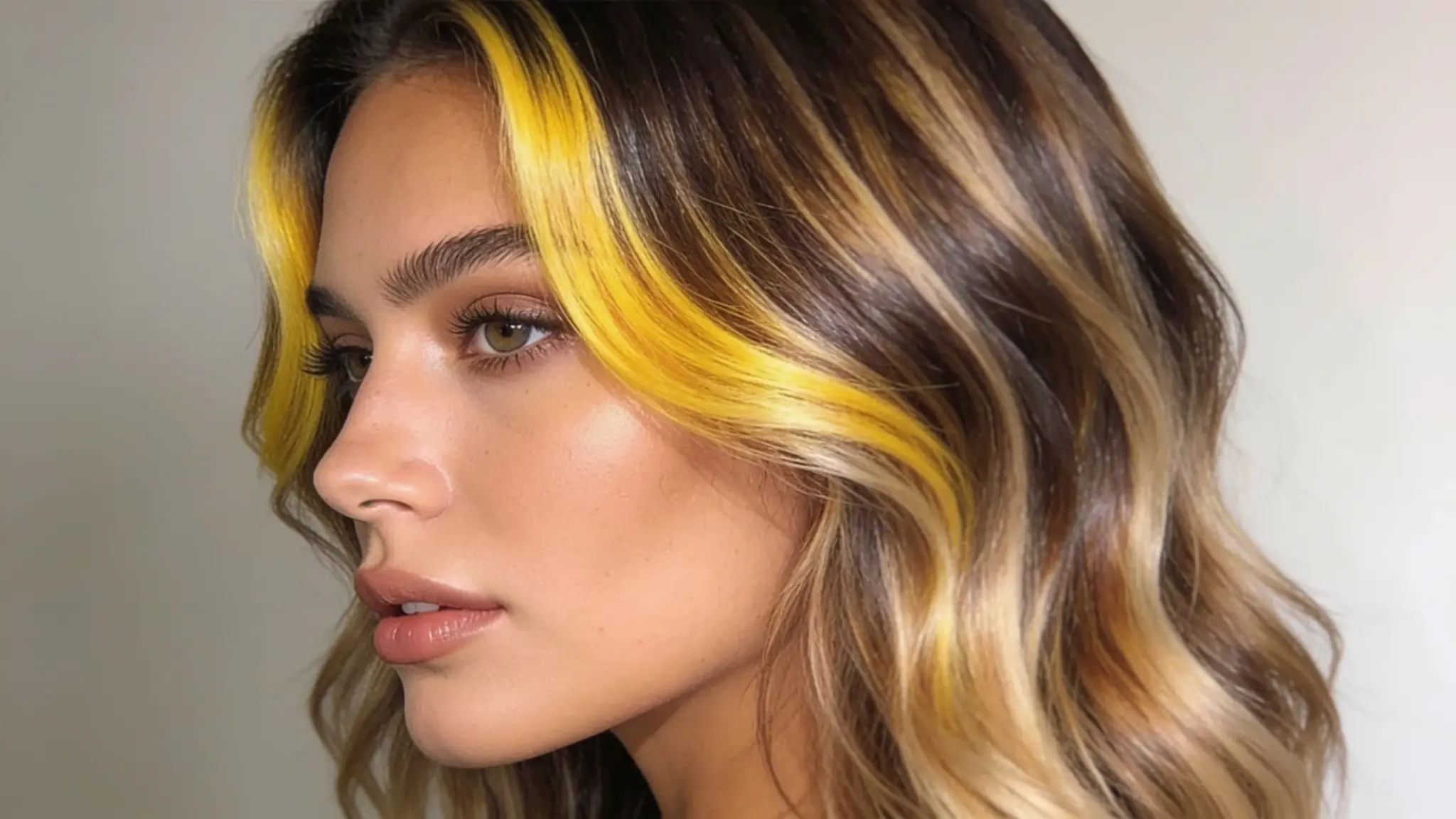 woman with blonde money piece highlights and wavy brown hair in a close up style soft wave
