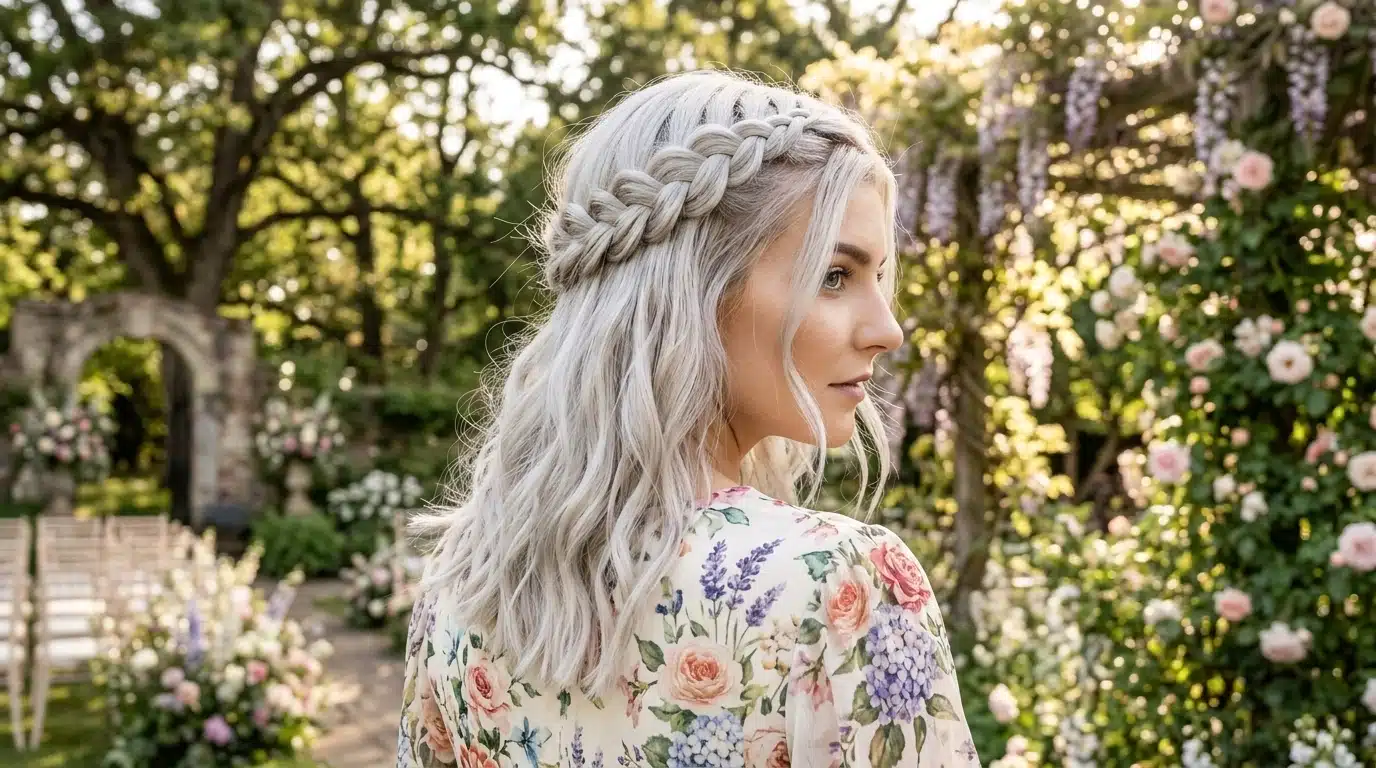 woman with braided halo half up hairstyle and textured loose hair