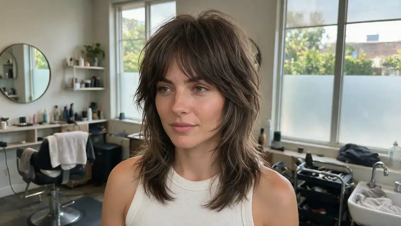 woman with chic shag haircut featuring soft layered pieces and polished face framing texture with natural movement