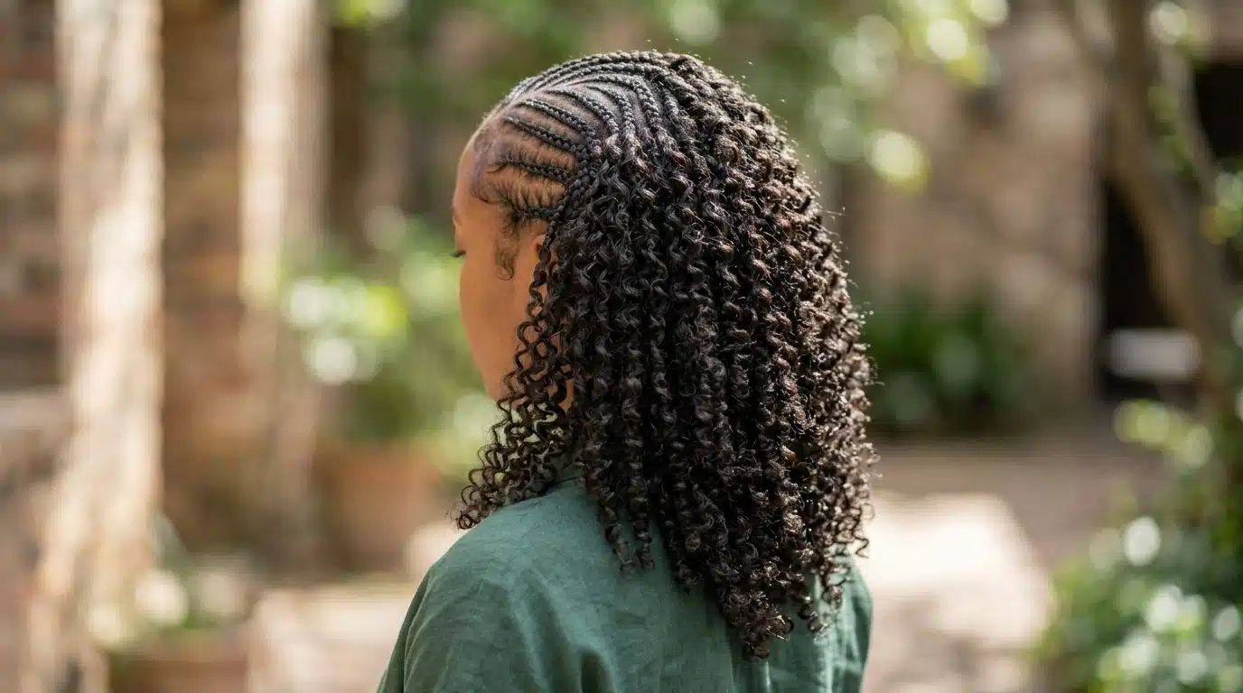 woman with cornrow half up hairstyle and natural twist out curls