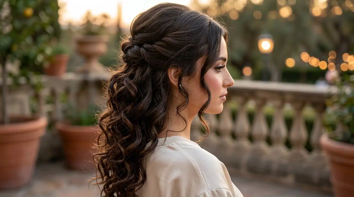 woman with curled half up hairstyle and soft face framing pieces
