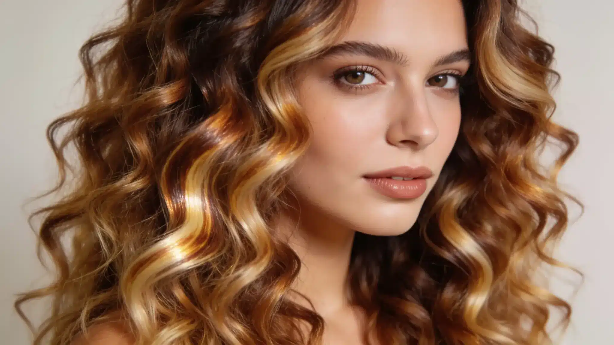 woman with curly balayage hair featuring warm blonde highlights and defined curls with rich dimension