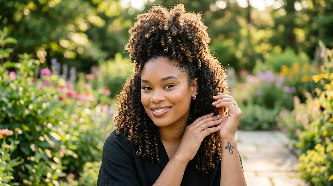 woman with curly half up pineapple hairstyle and defined natural curls