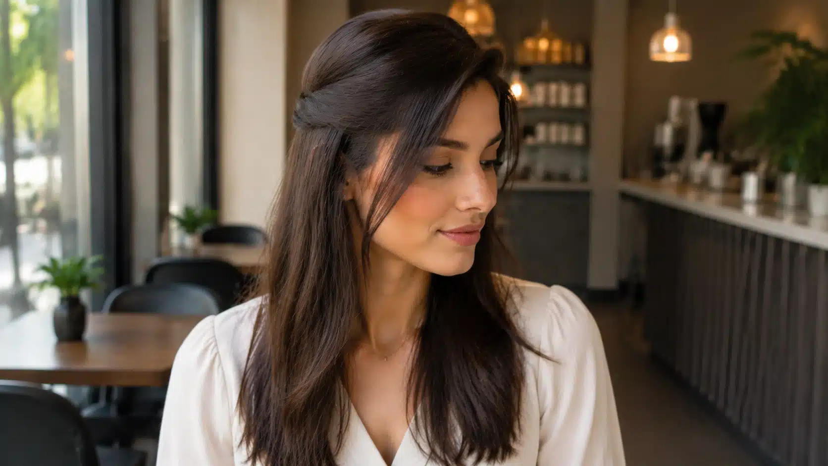 woman with side parted half up hairstyle and smooth straight hair