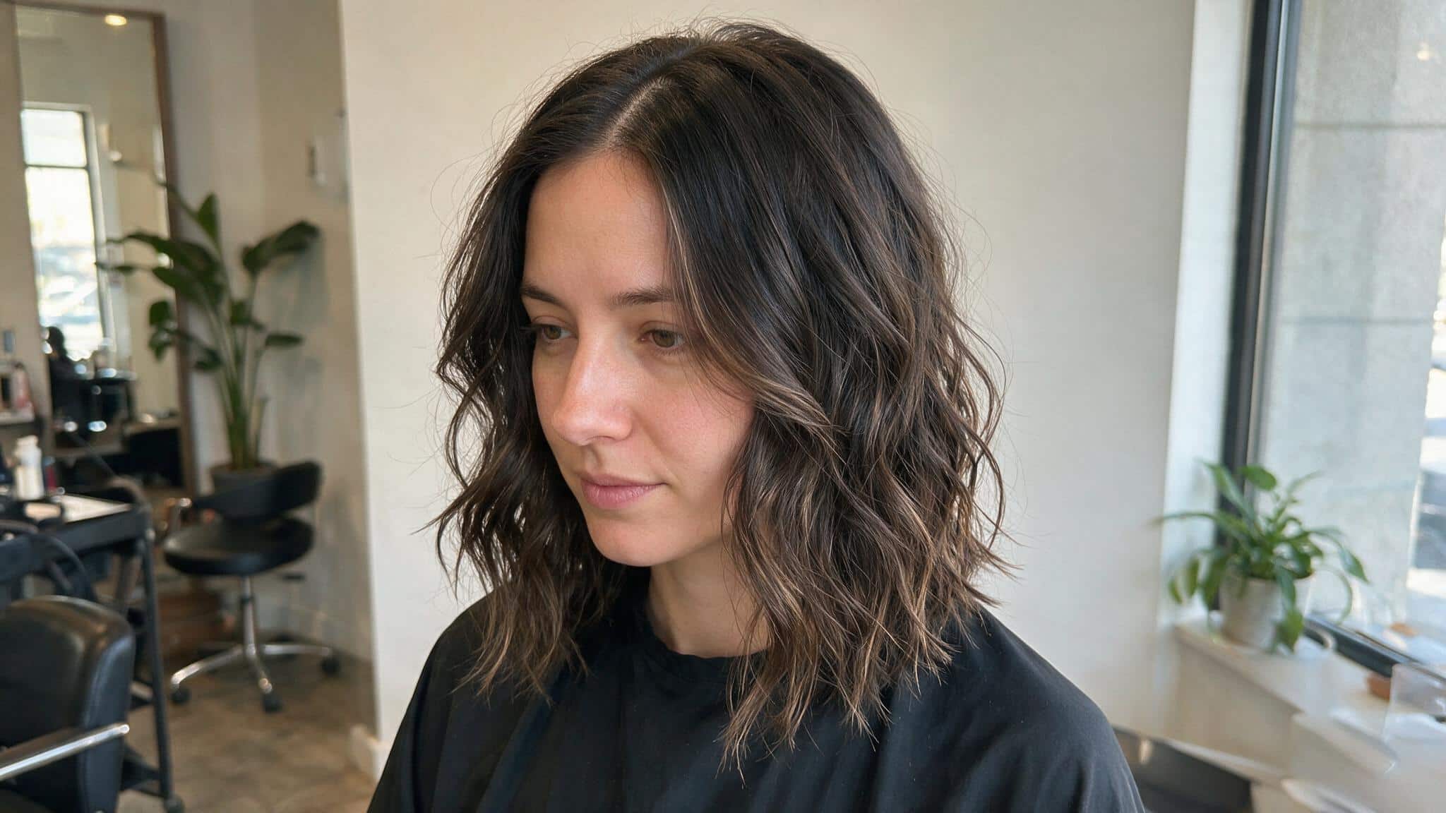 woman with fine brown body wave perm showing loose natural waves subtle volume visible roots and realistic salon texture