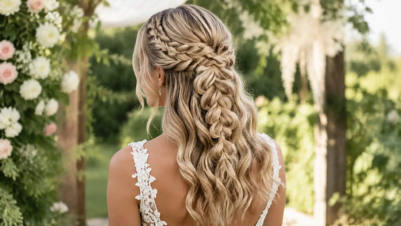woman with fishtail crown braid half up hairstyle and loose waves for romantic wedding hair look