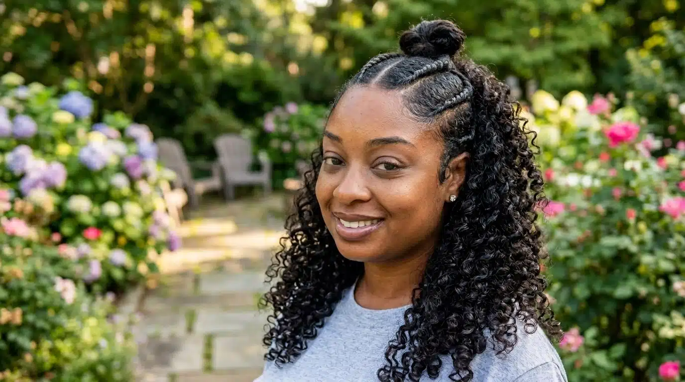 woman with flat twist half up hairstyle and natural curly hair texture