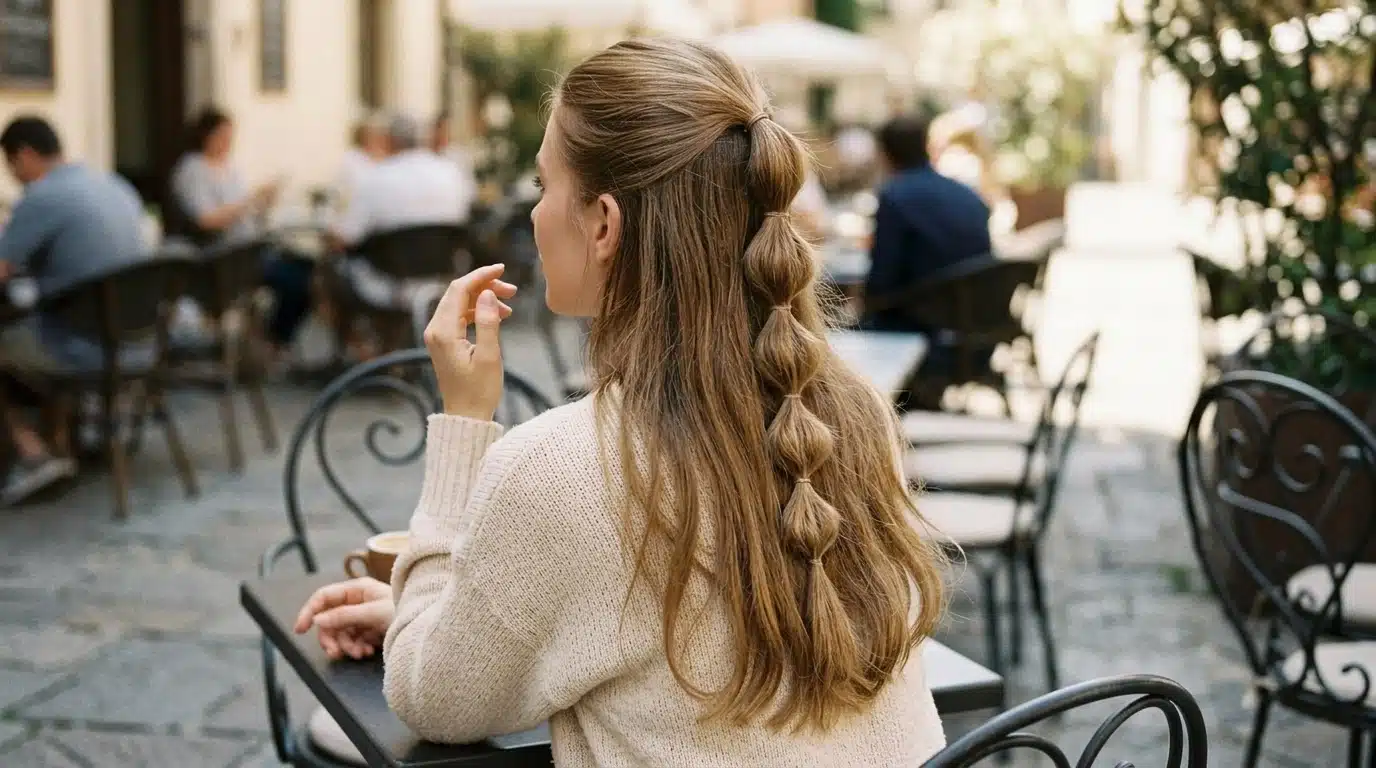 woman with half up bubble ponytail hairstyle and voluminous loose hair