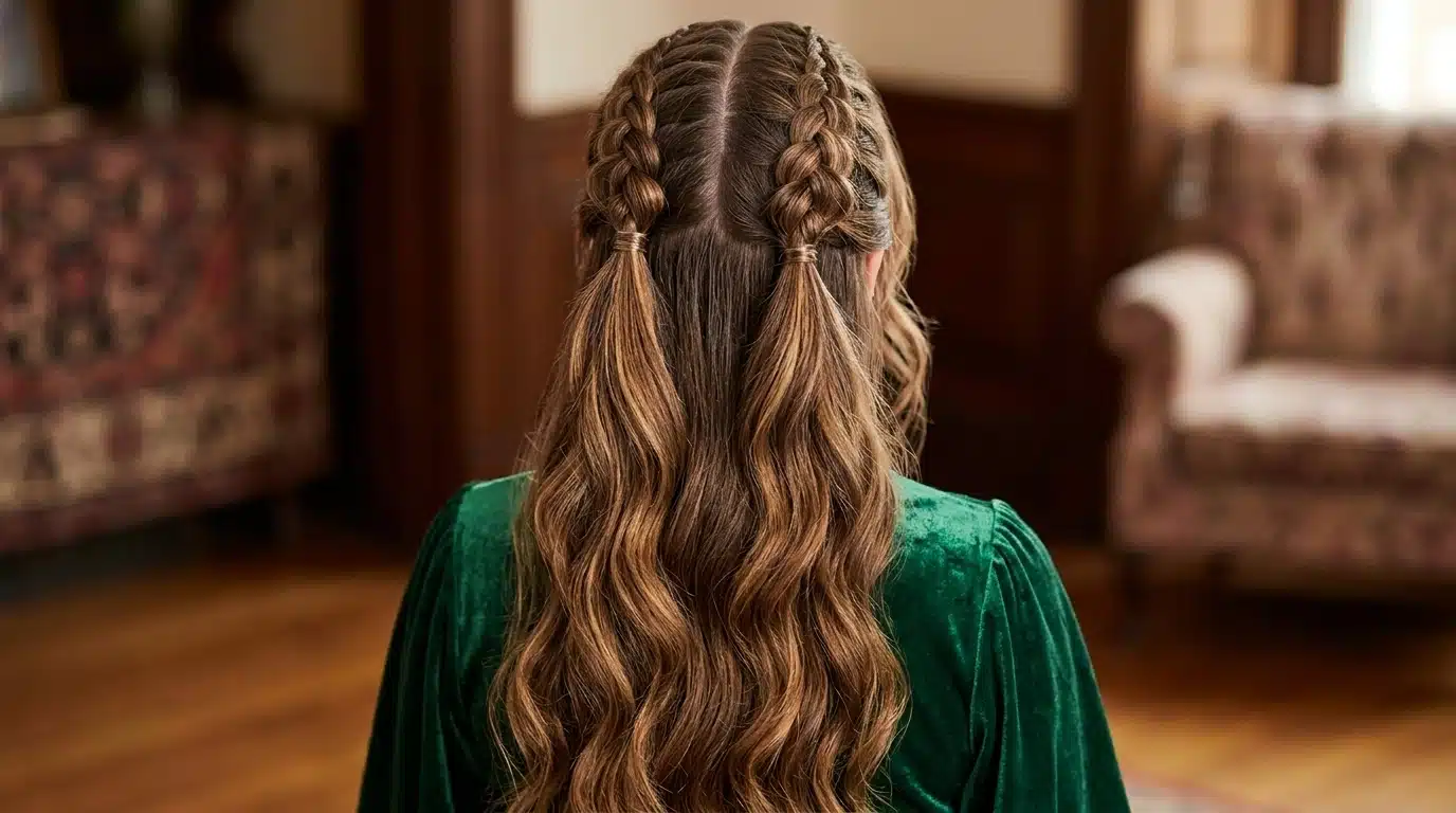 woman with half up double braid hairstyle and loose party waves