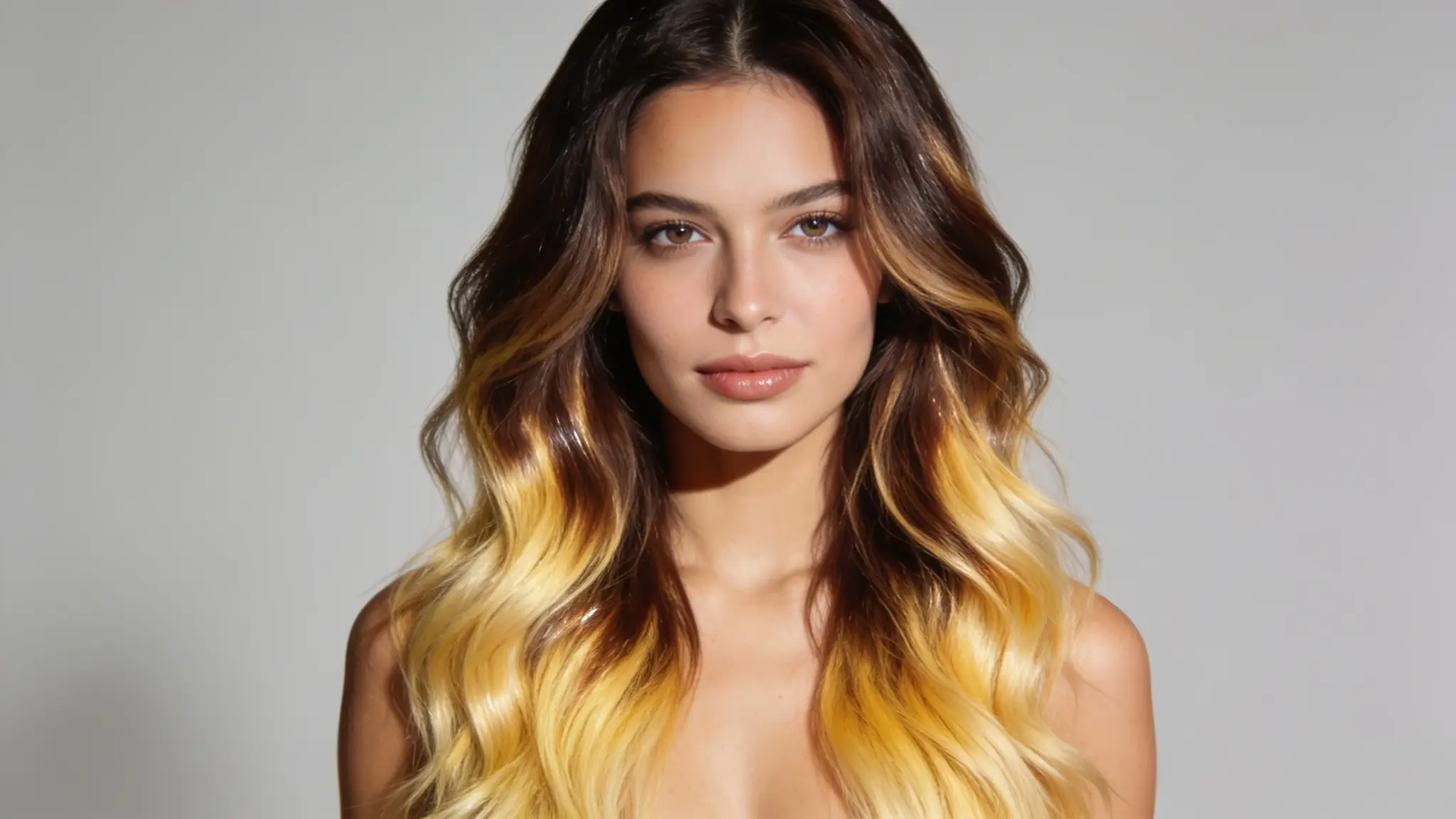 woman with high contrast balayage featuring dark roots and bright blonde ends on wavy hair