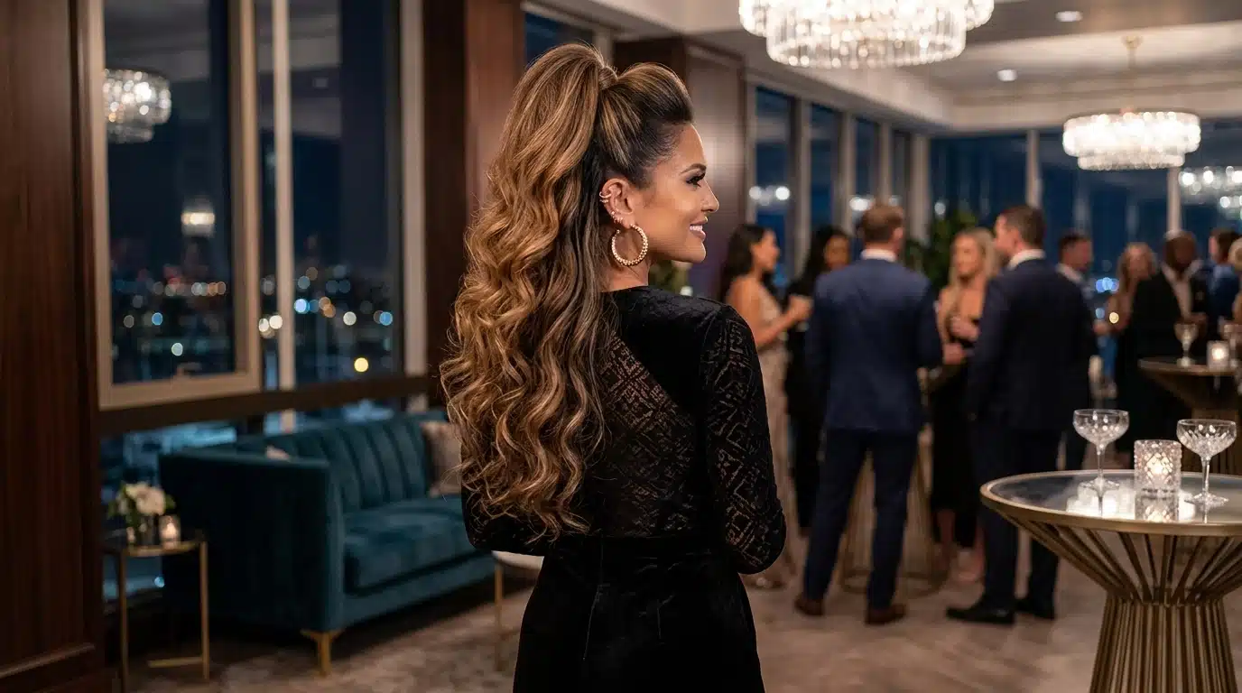woman with high volume half up ponytail and curled hair for party look