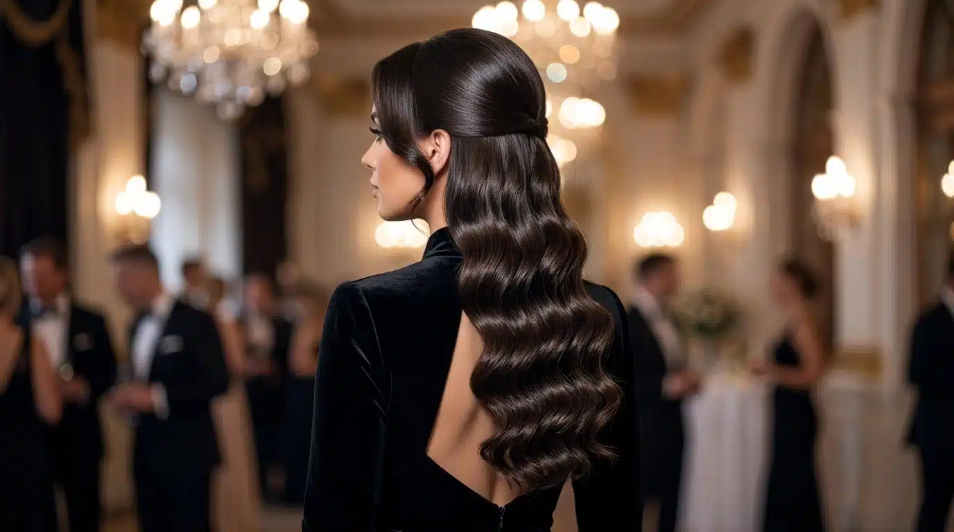 woman with Hollywood glam waves and sleek half up formal hairstyle