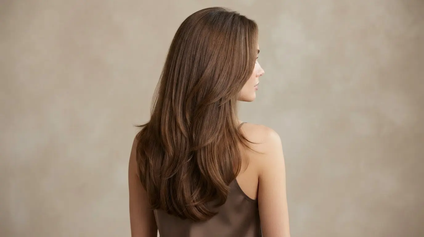 woman with long brown hair showing soft blended layers through the mid lengths and ends with natural fullness