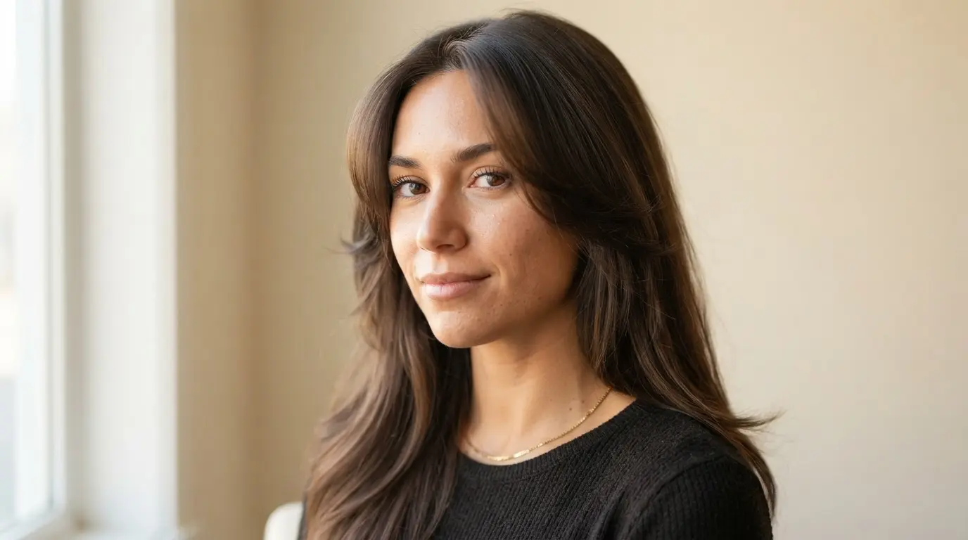woman with long dark hair and soft face framing layers starting near the cheekbones and blending toward the jaw