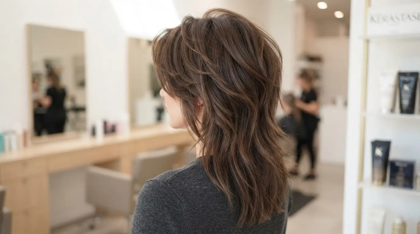 woman with medium brown hair showing short crown layers that create visible lift texture and added volume