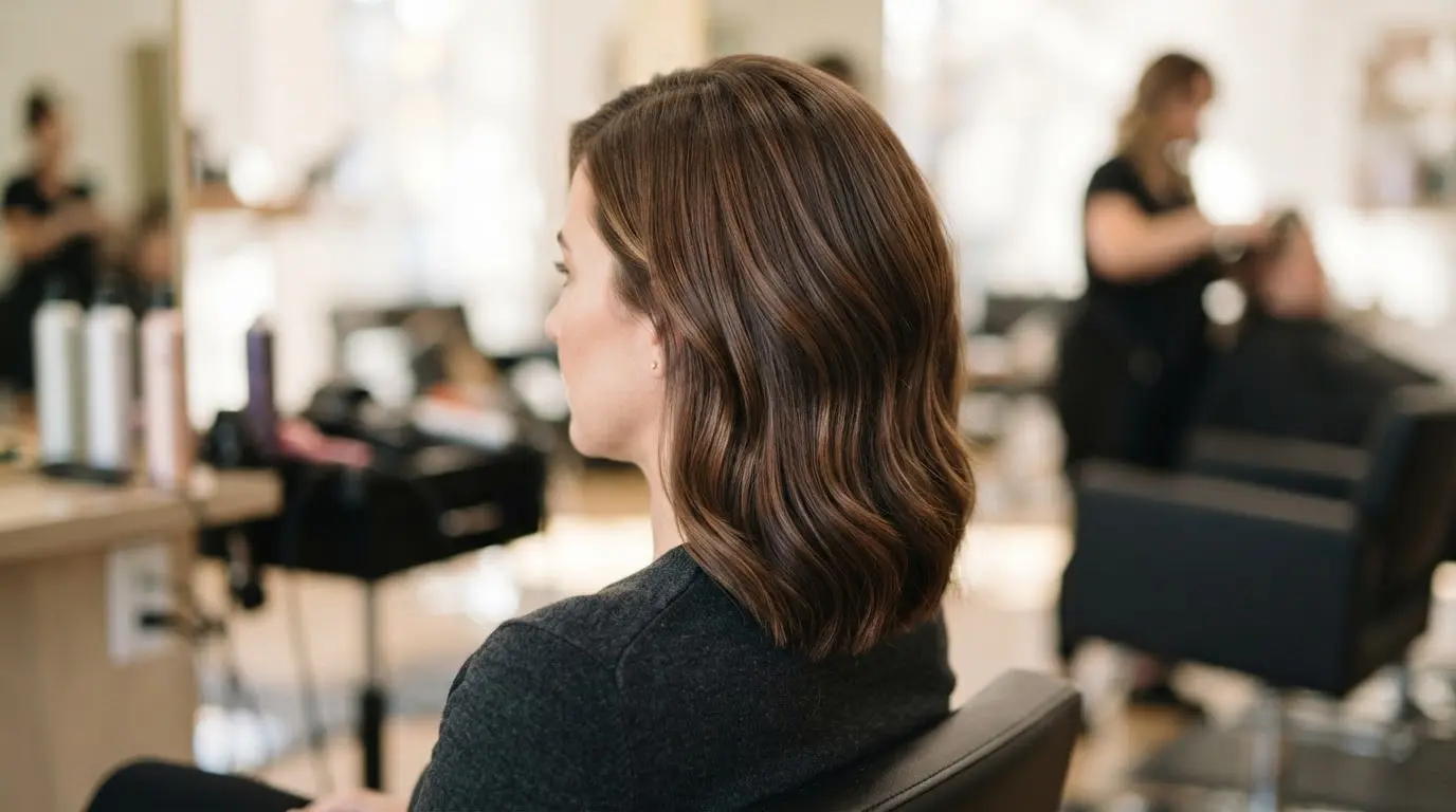woman with medium brunette hair showing graduated layers that build controlled volume and a balanced shape