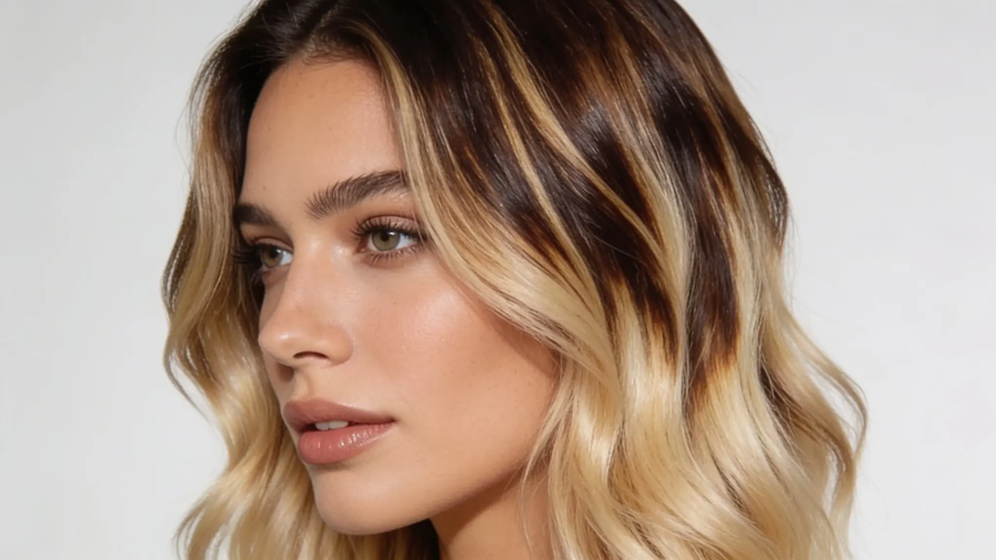 woman with reverse balayage featuring dark lowlights blended into blonde wavy hair for depth and balance