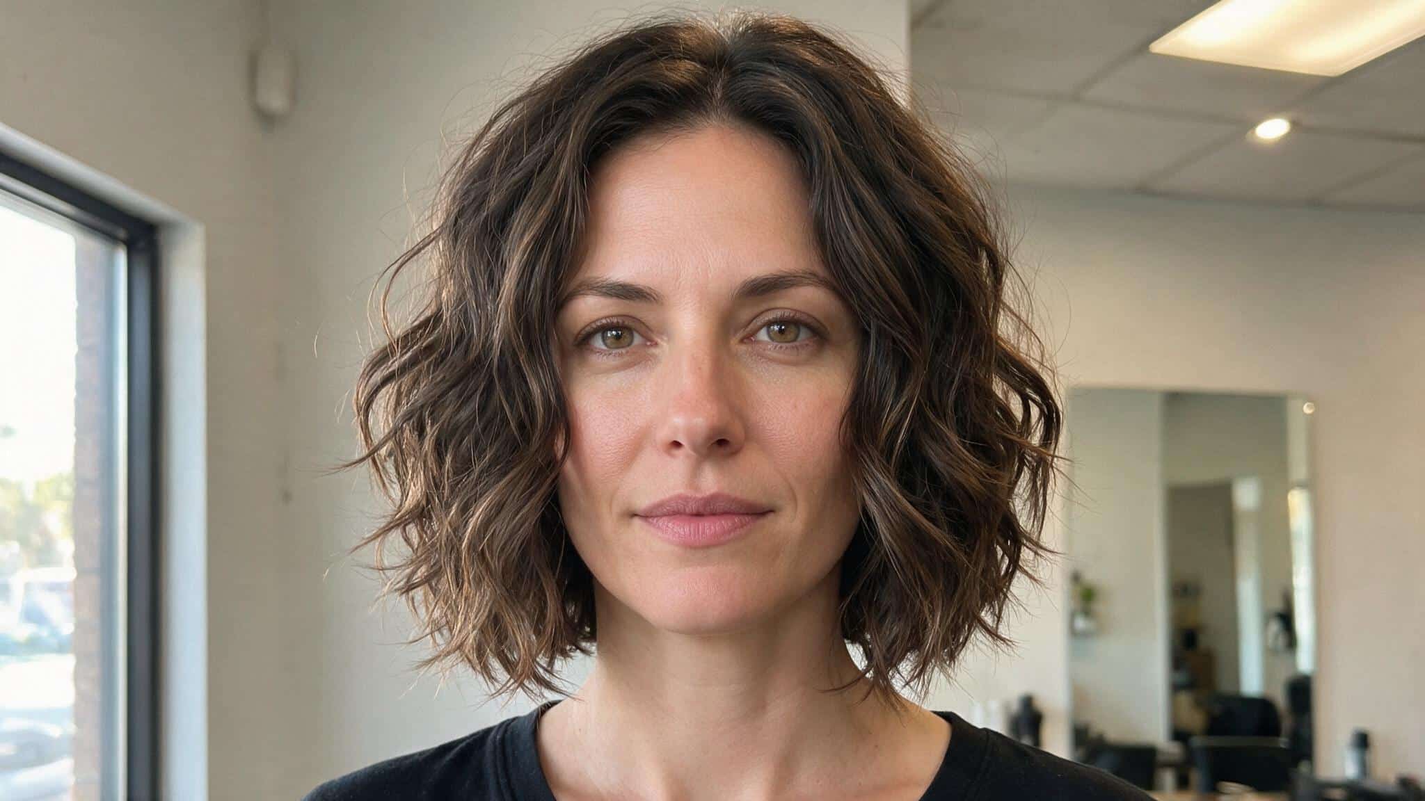 woman with short brown body wave perm showing loose textured waves soft volume natural roots and realistic salon styling