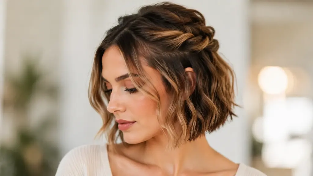 woman with short wavy brown hair styled in a bun looking down indoors