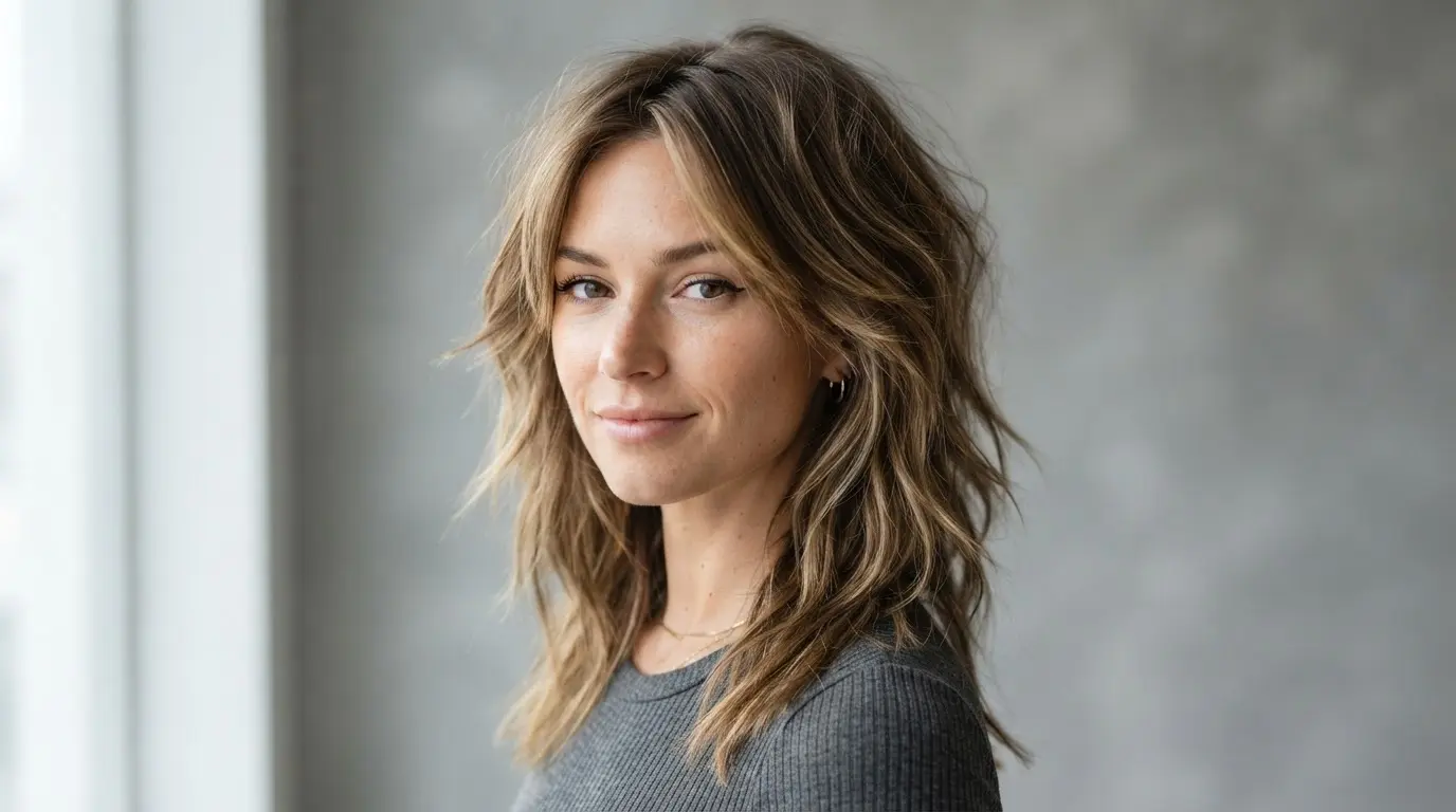 woman with shoulder length hair showing clearly separated choppy layers with textured ends