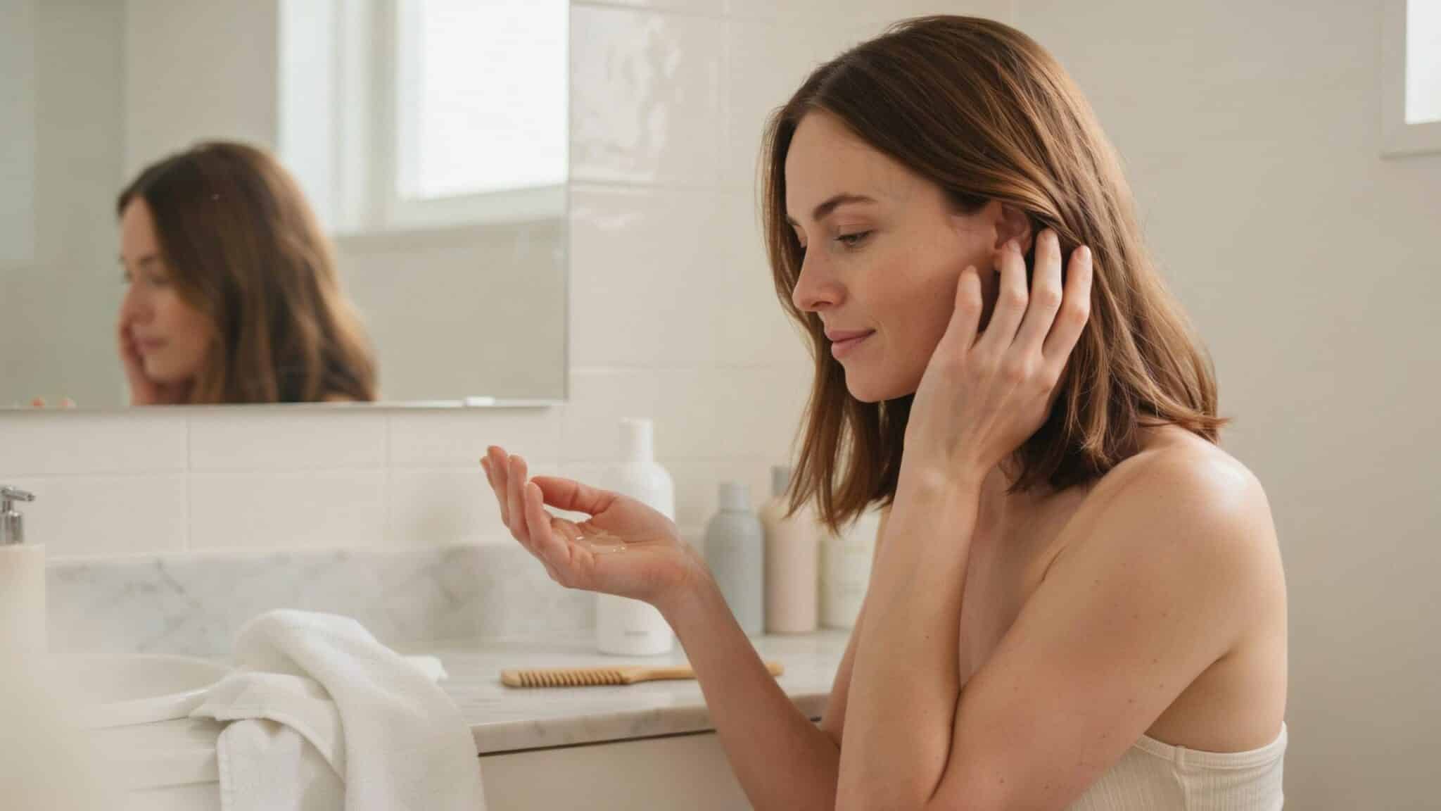 woman with smooth healthy hair holding a bond care product beside a clean bathroom vanity