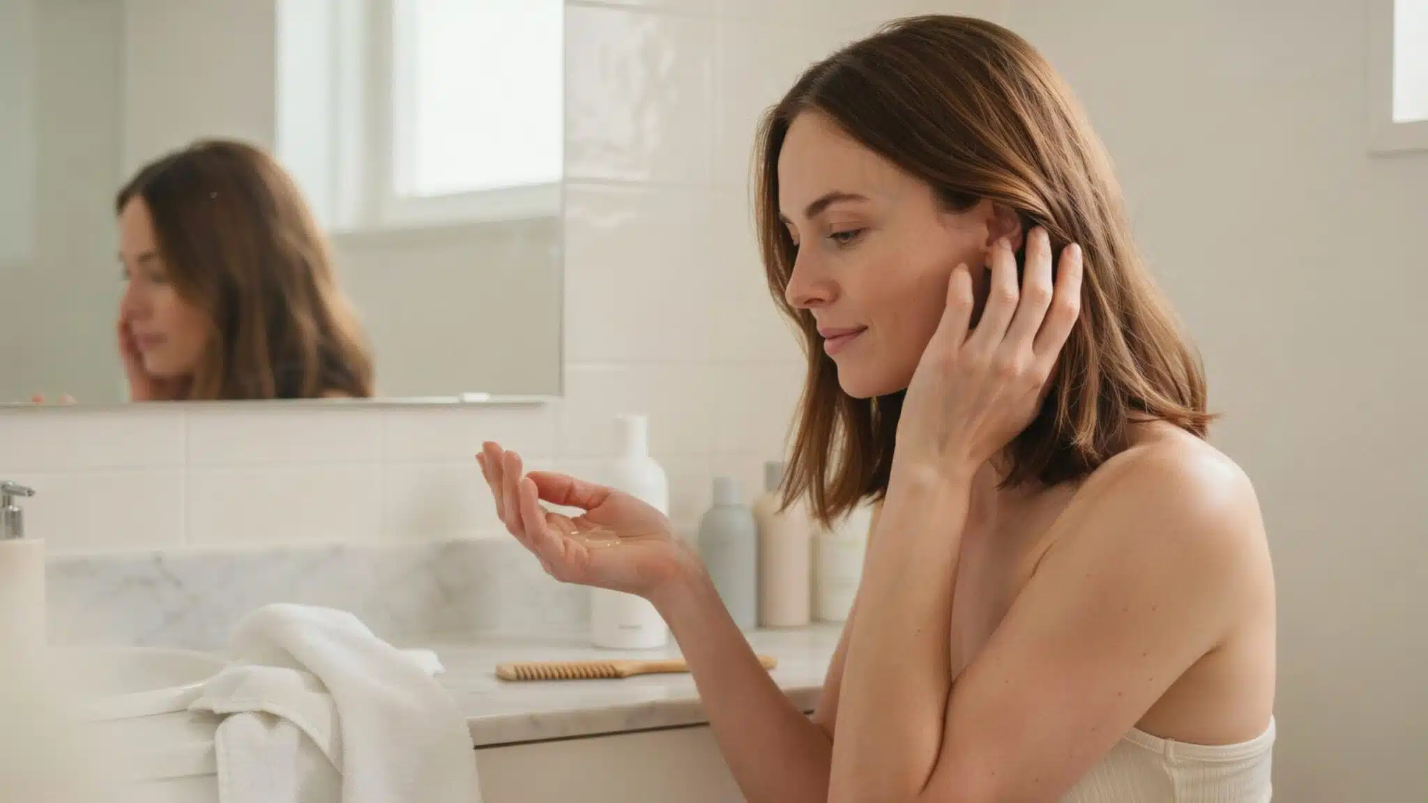 woman with smooth healthy hair holding a bond care product beside a clean bathroom vanity