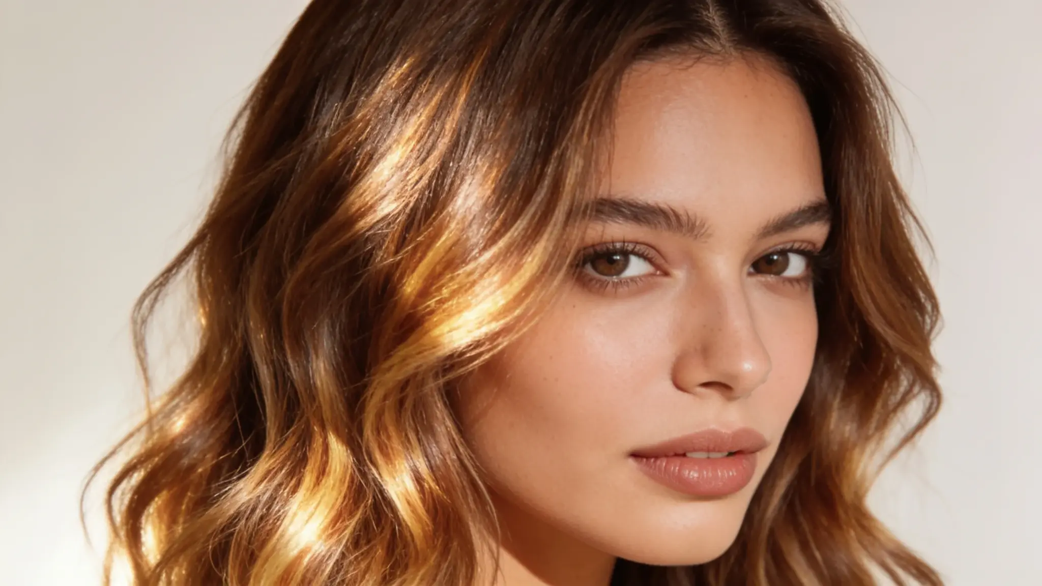 woman with soft sun kissed balayage and warm golden highlights on wavy brown hair close up