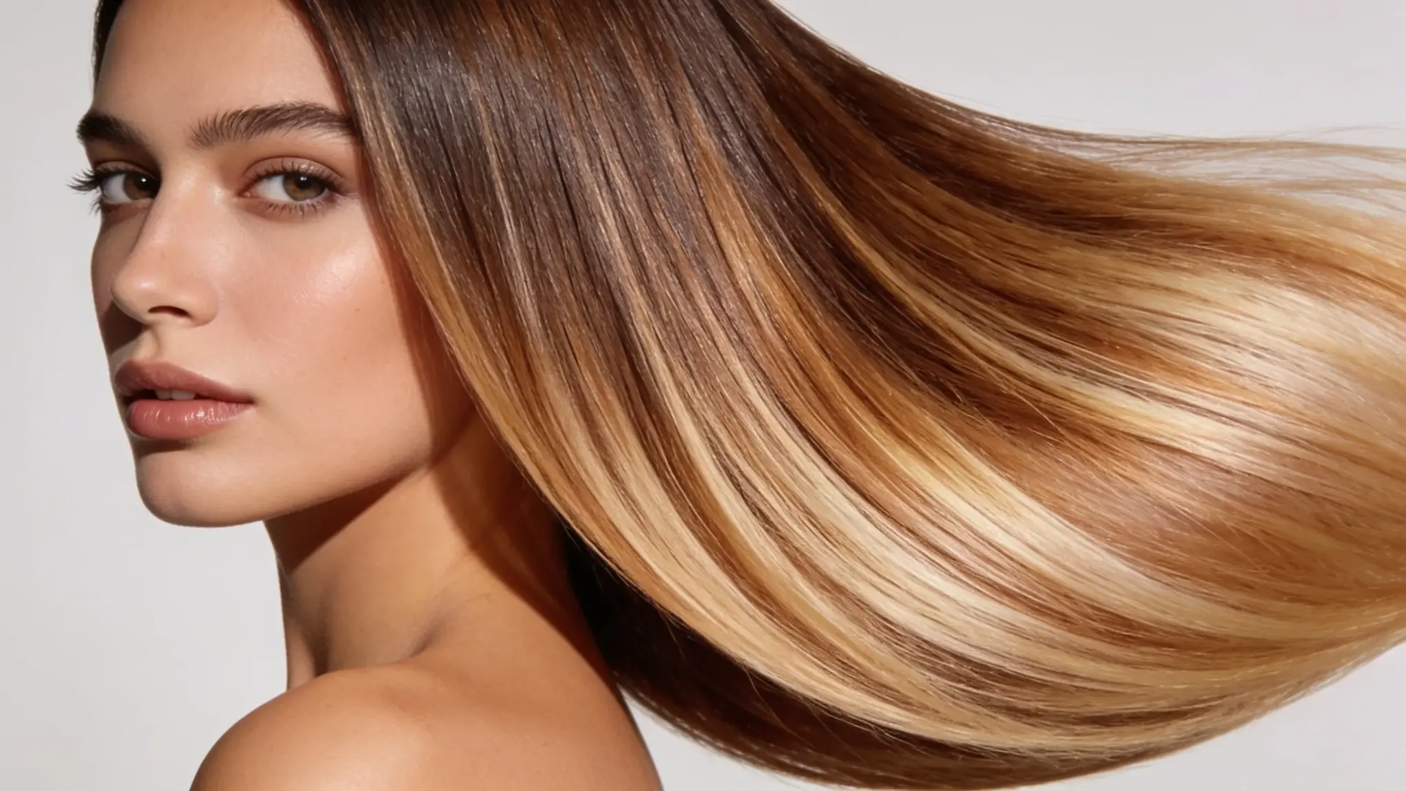 woman with straight balayage hair featuring smooth blended blonde highlights and dark roots