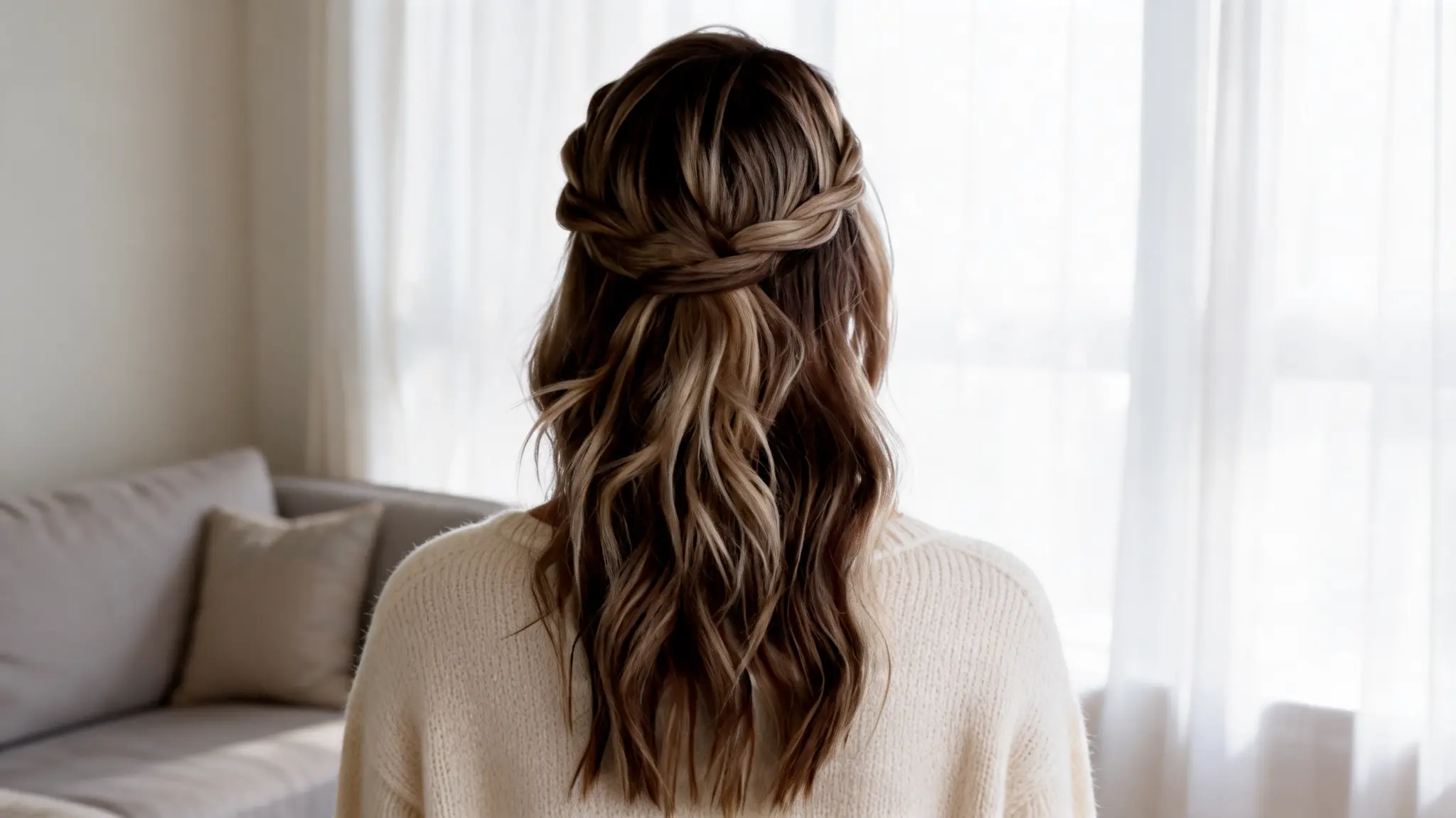 woman with twisted crown half up hairstyle and soft natural loose hair