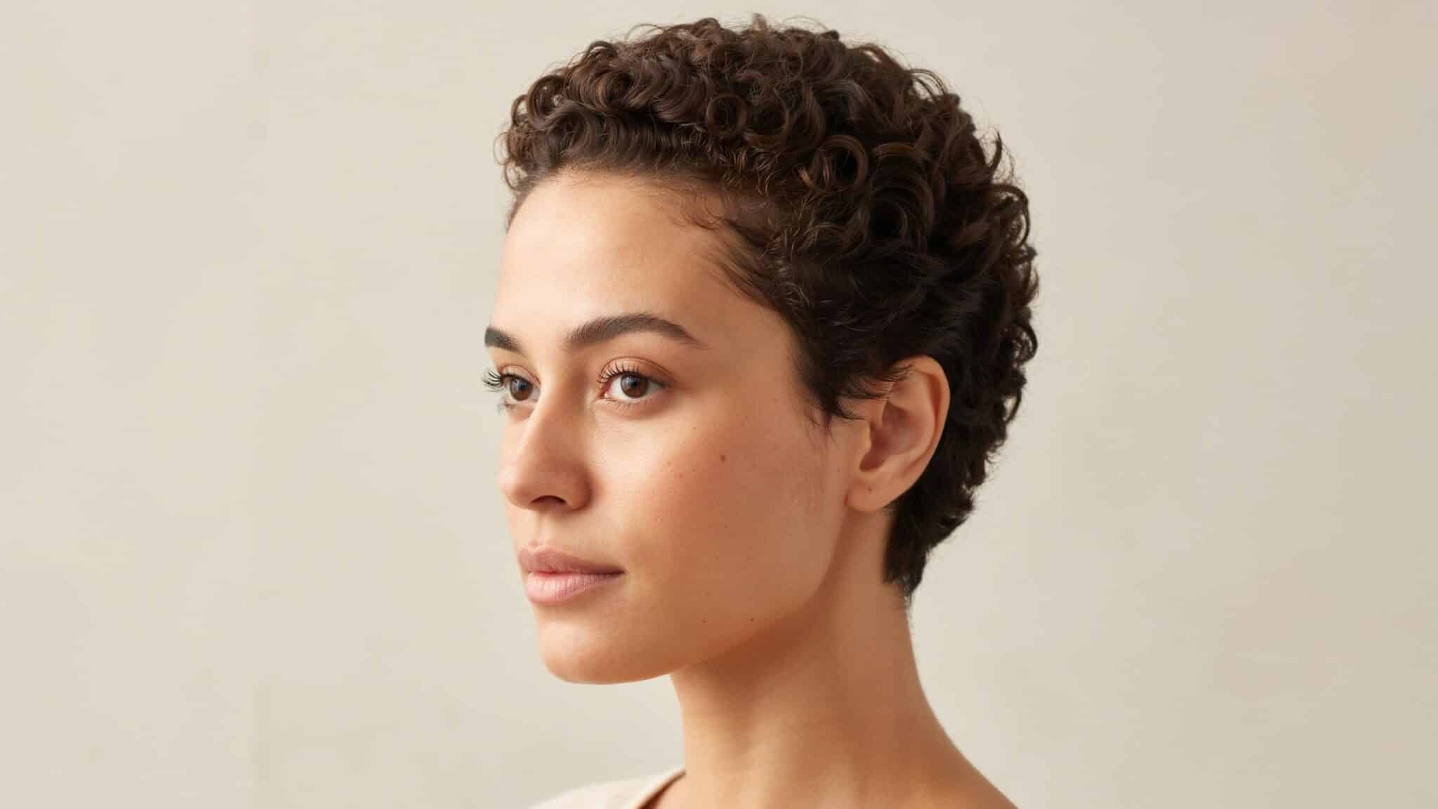 woman with two inch curly hair showing defined short curls and natural shrinkage