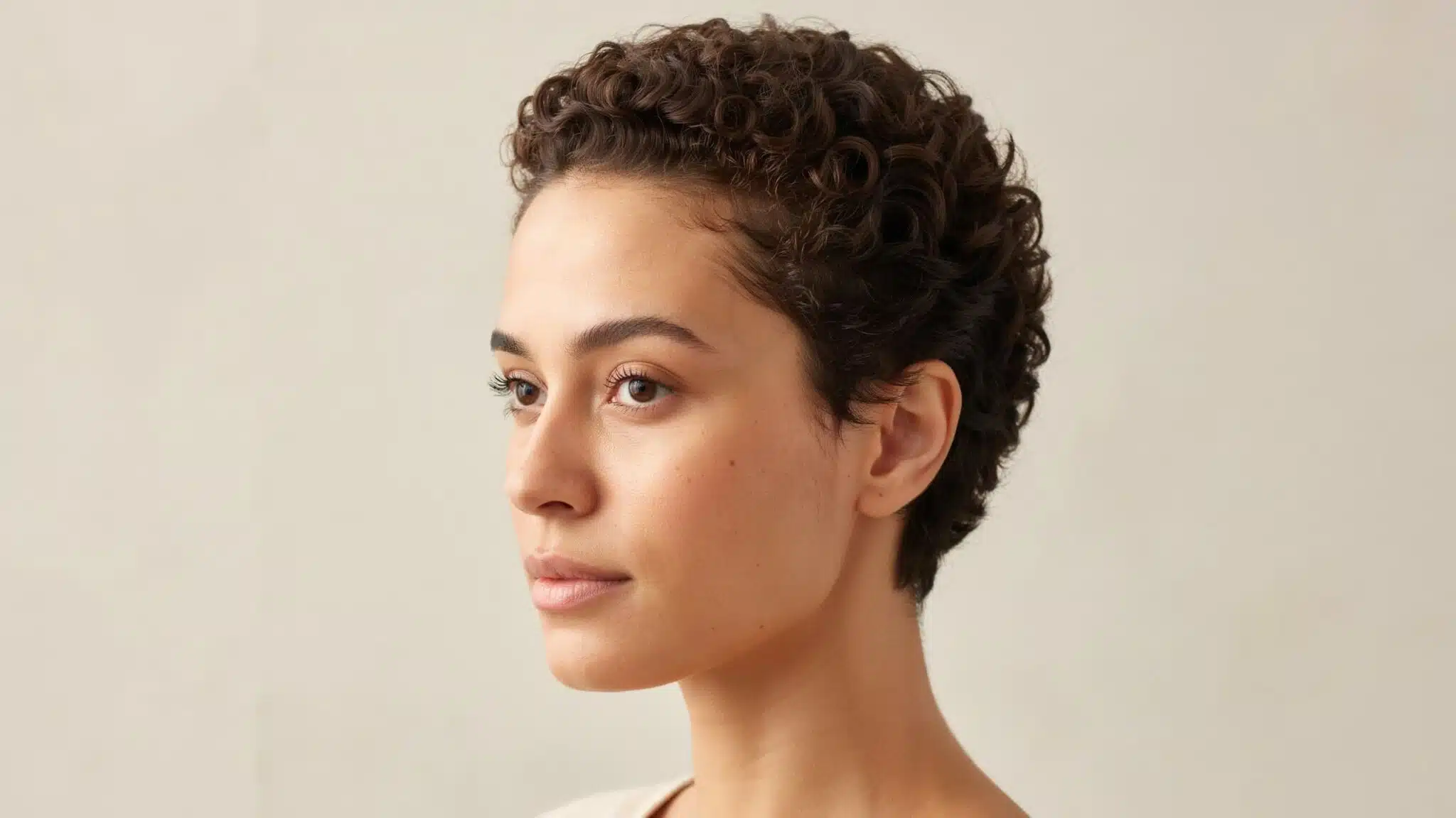 woman with two inch curly hair showing defined short curls and natural shrinkage
