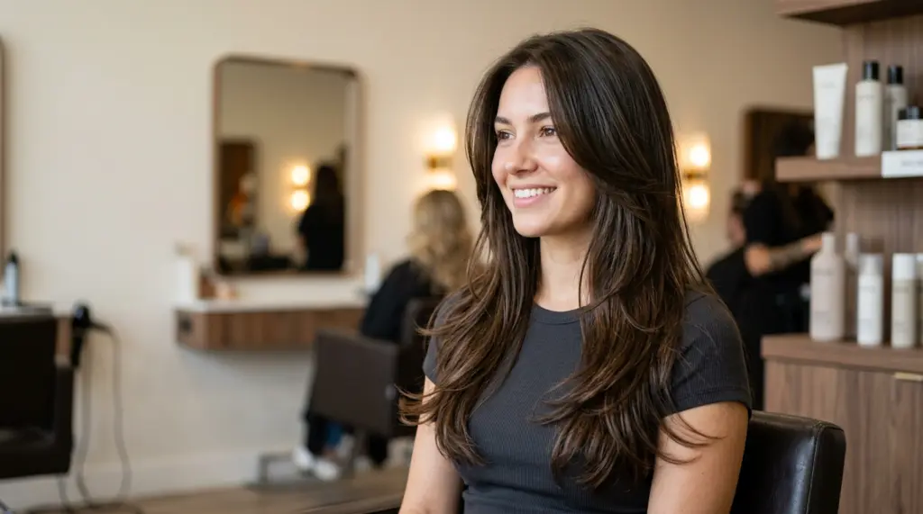 women sitting in a salon for a layered haircut with medium hair length