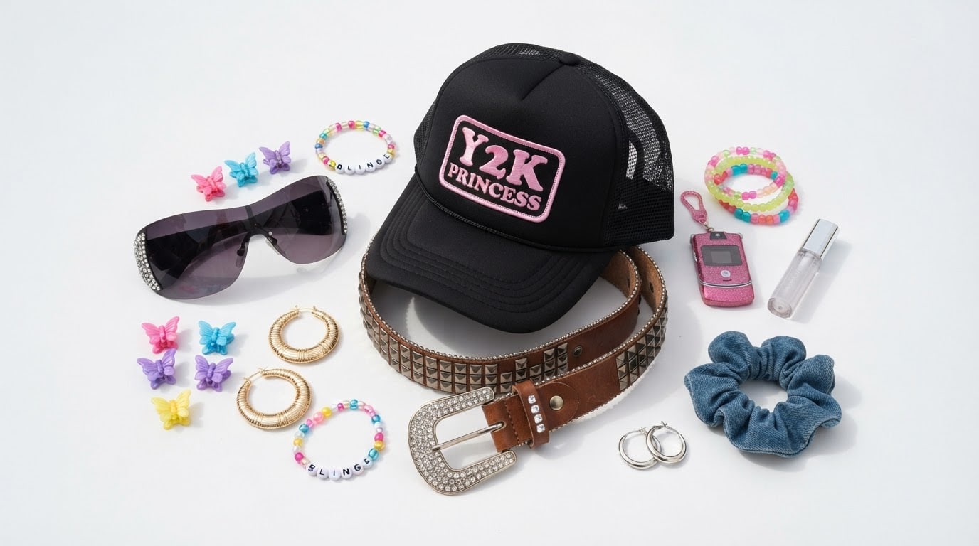 y2k accessories including a trucker cap sunglasses studded belt bracelets and butterfly clips