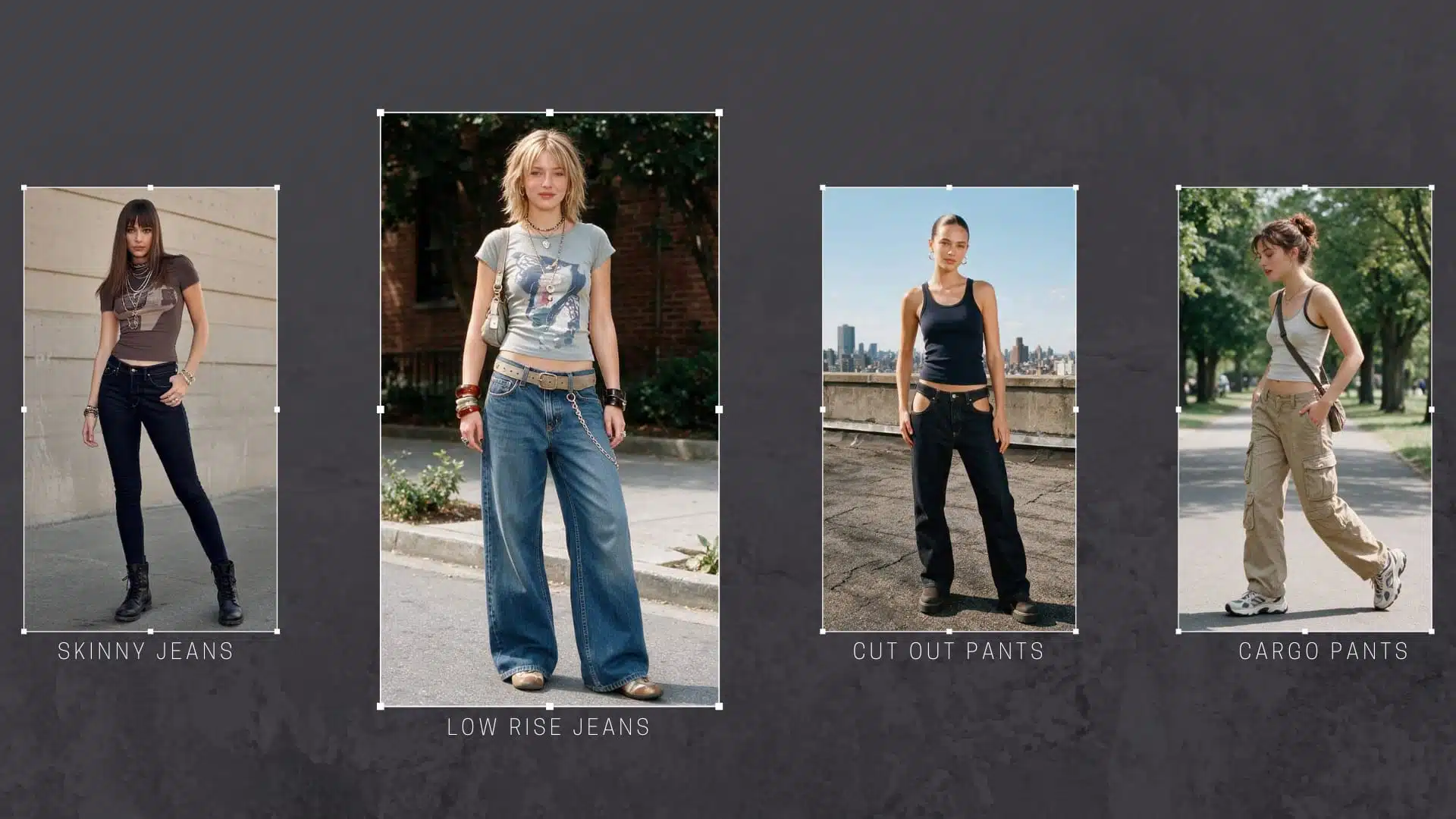 y2k fashion collage featuring low rise jeans baggy denim skinny jeans wide leg pants and cargo styles
