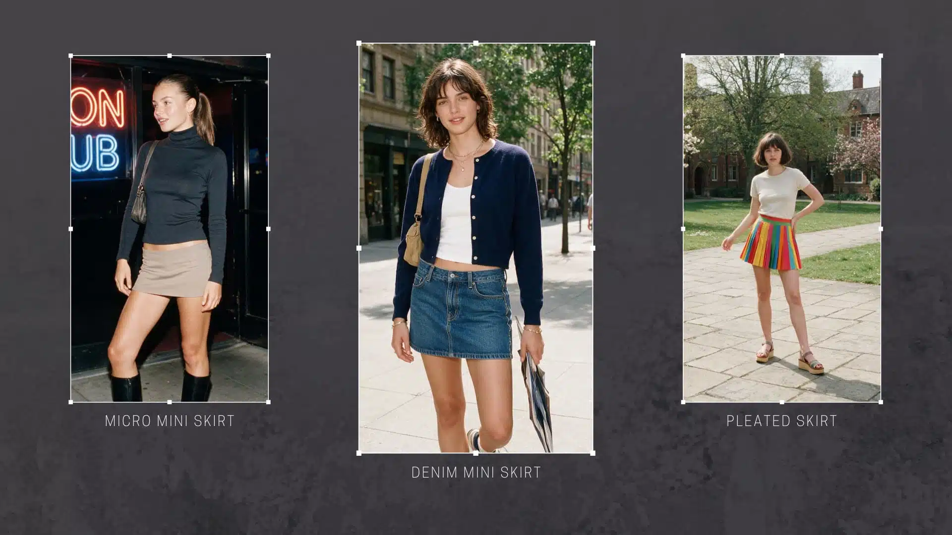 y2k outfit collage showing mini skirts pleated skirts and denim skirt early 2000s skirt styles