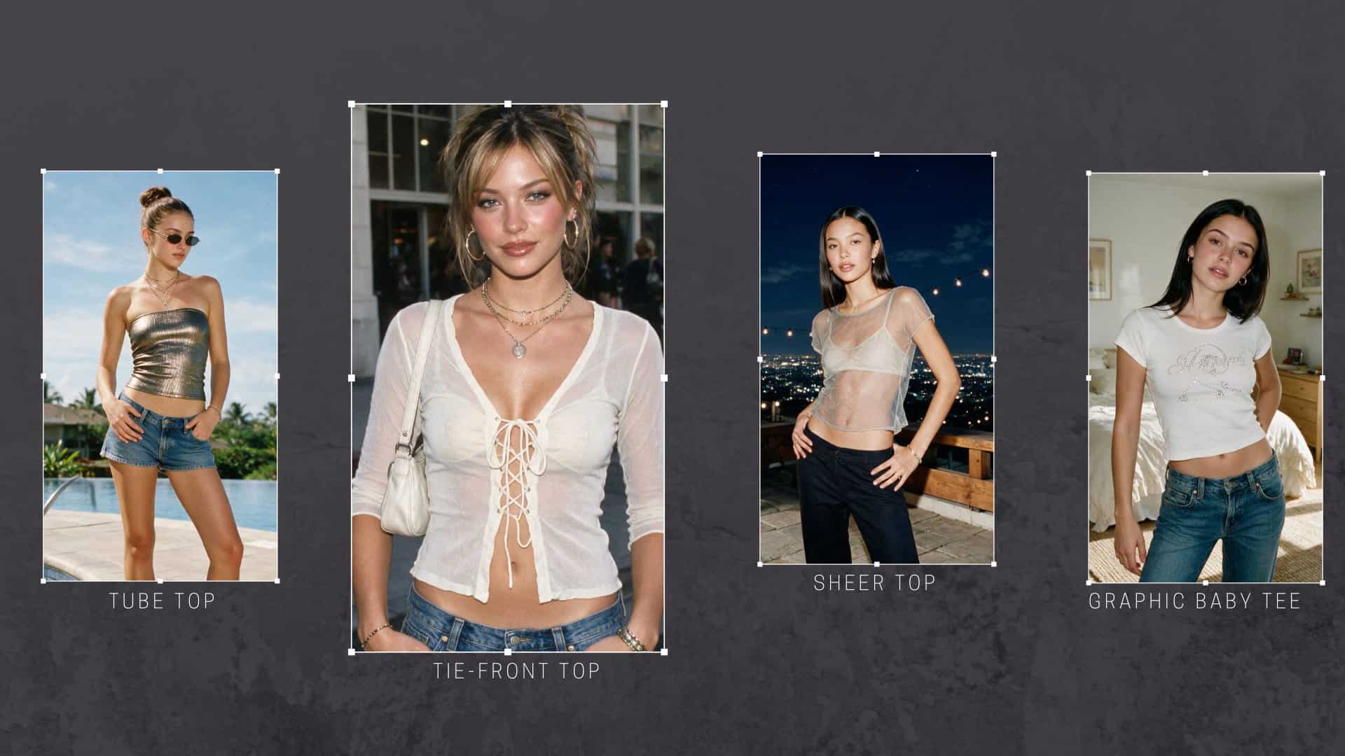 y2k tops collage featuring baby tees tube tops tie front tops and sheer layers