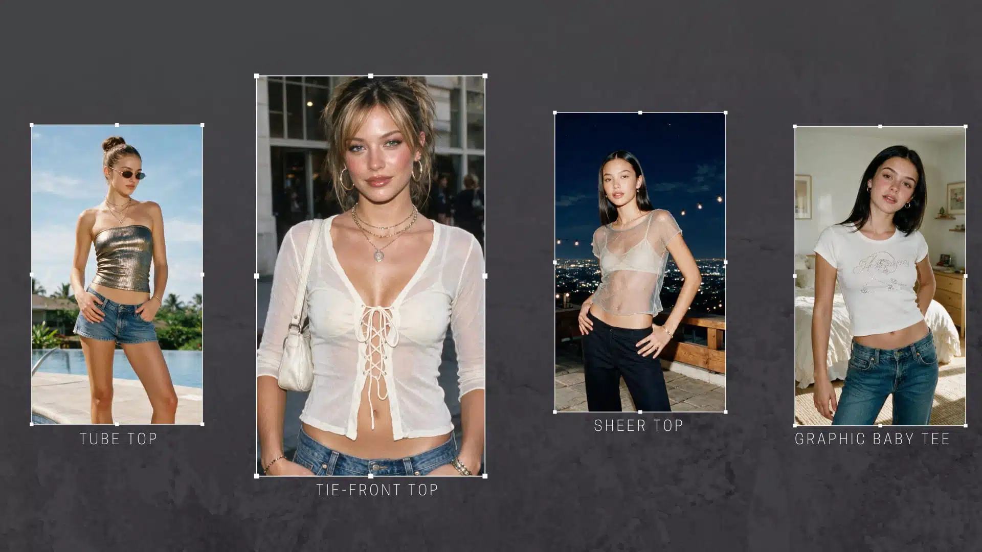 y2k tops collage featuring baby tees tube tops tie front tops and sheer layers
