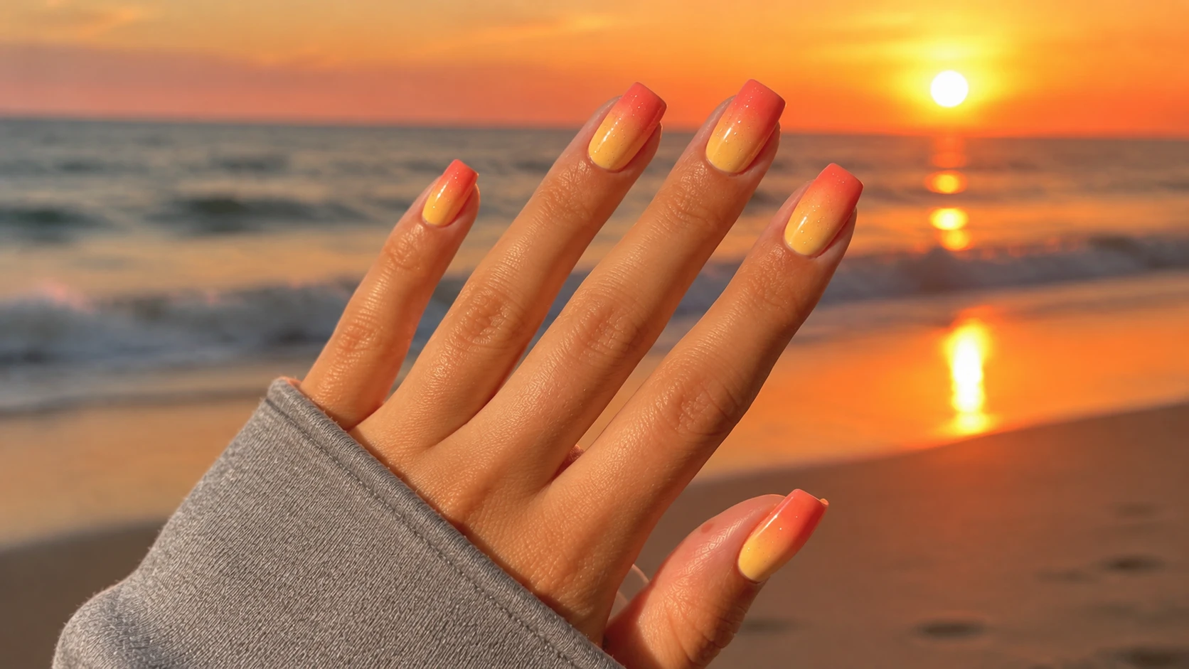 yellow orange ombre nails on hand with grey sleeve against beach sunset and ocean background