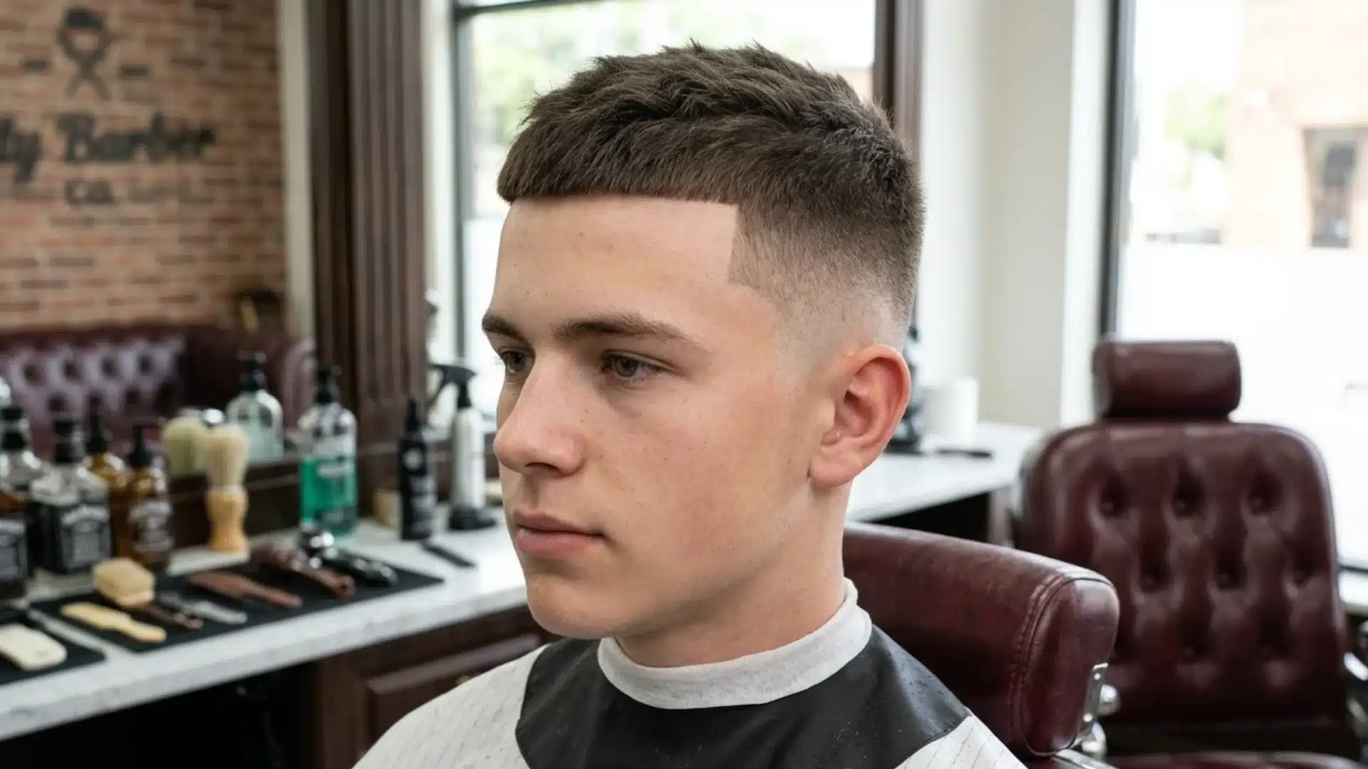 young boy with a clean skin fade and textured hair on top in a modern barbershop
