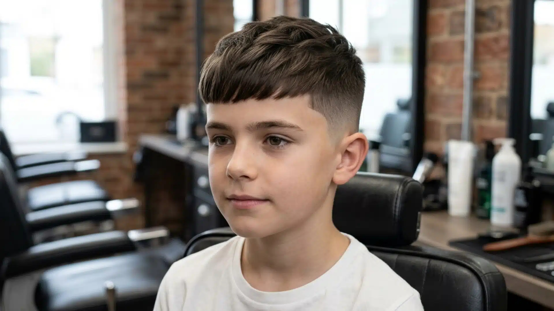 young boy with a french crop fade and short textured fringe across his forehead