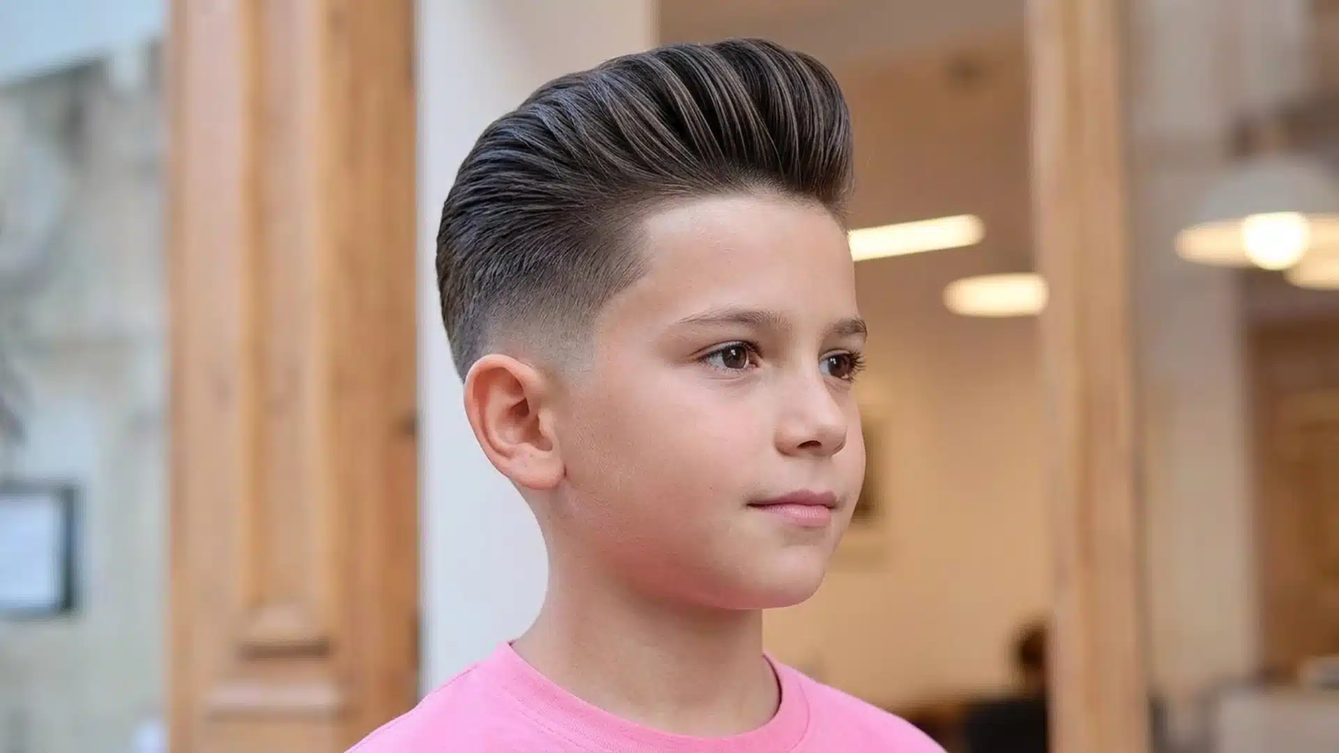 young boy with a pompadour fade haircut and neatly slicked dark hair wearing a bright pink shirt