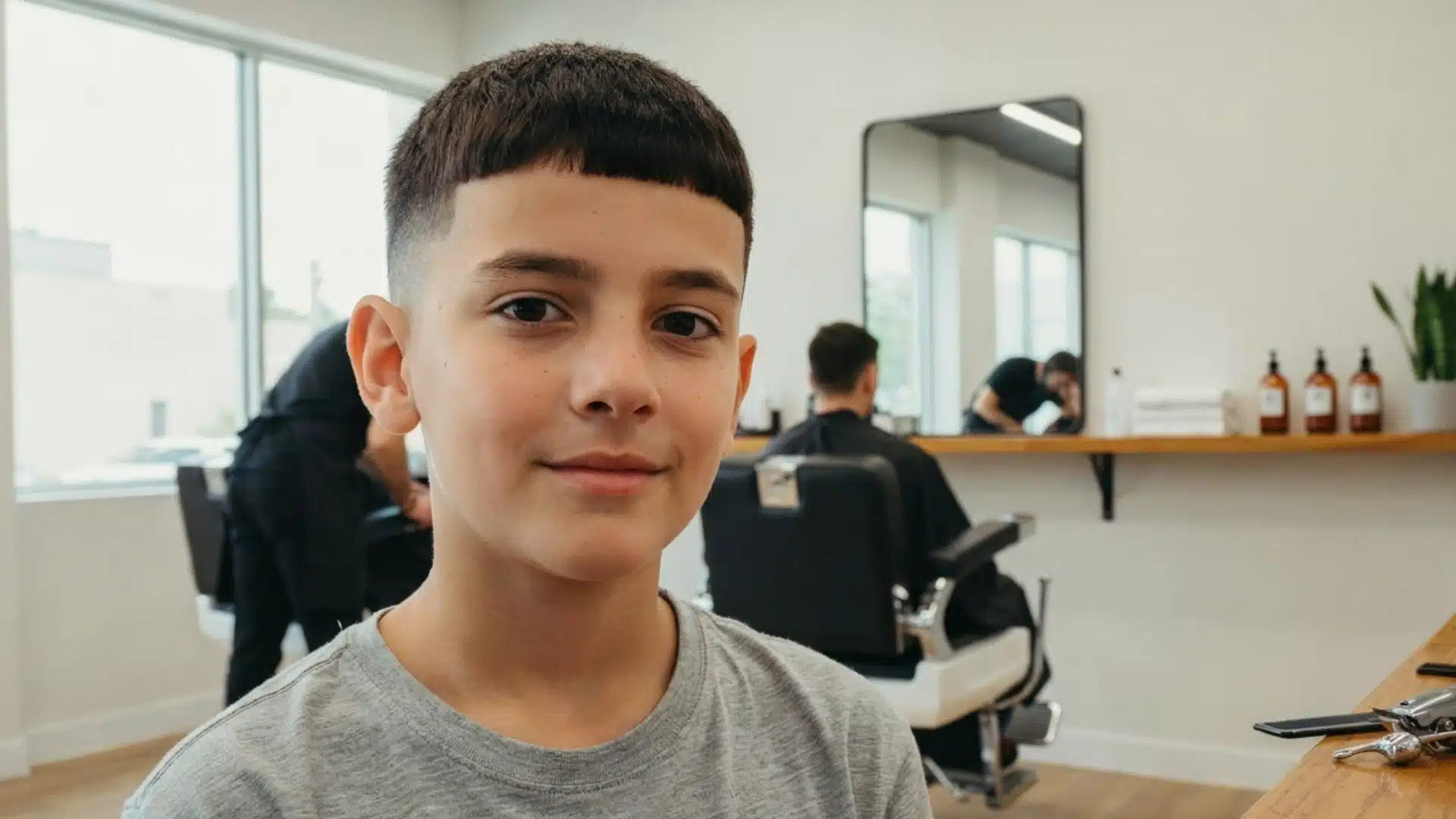 young boy with an edgar fade haircut and straight dark fringe smiling inside a bright modern barbershop