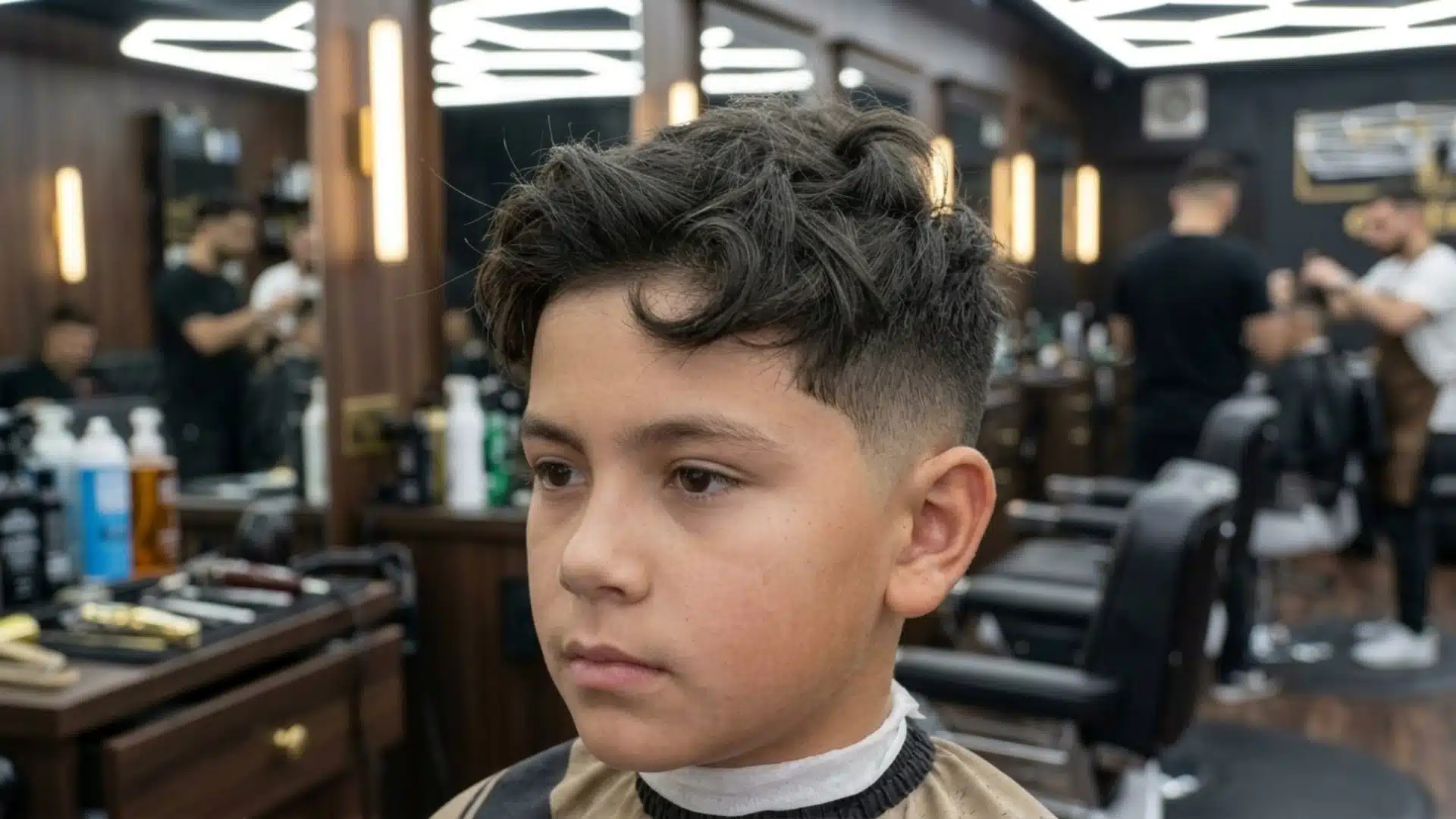 young boy with thick wavy dark hair and a low fade haircut seated in a busy modern barbershop