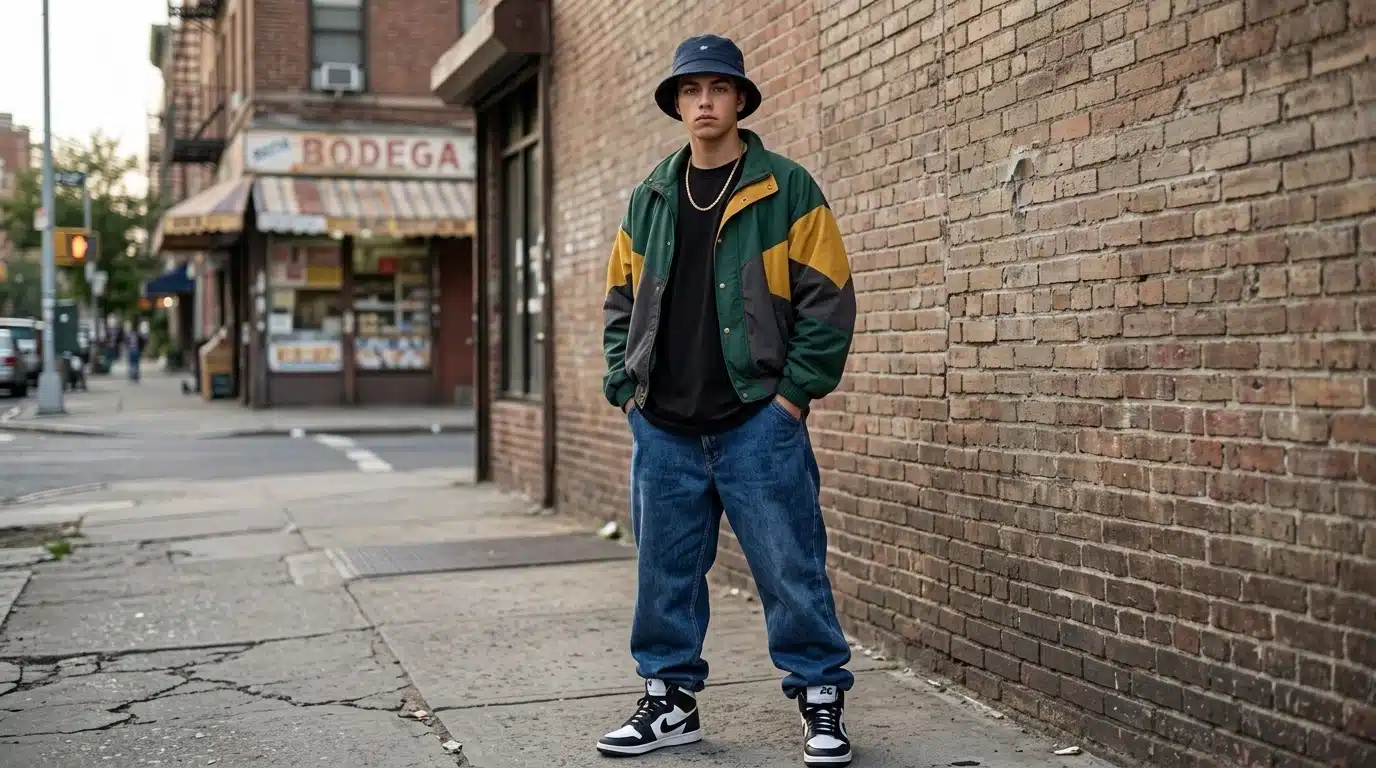 young man wearing an oversized jacket baggy jeans bucket hat and high-top sneakers beside a brick wall