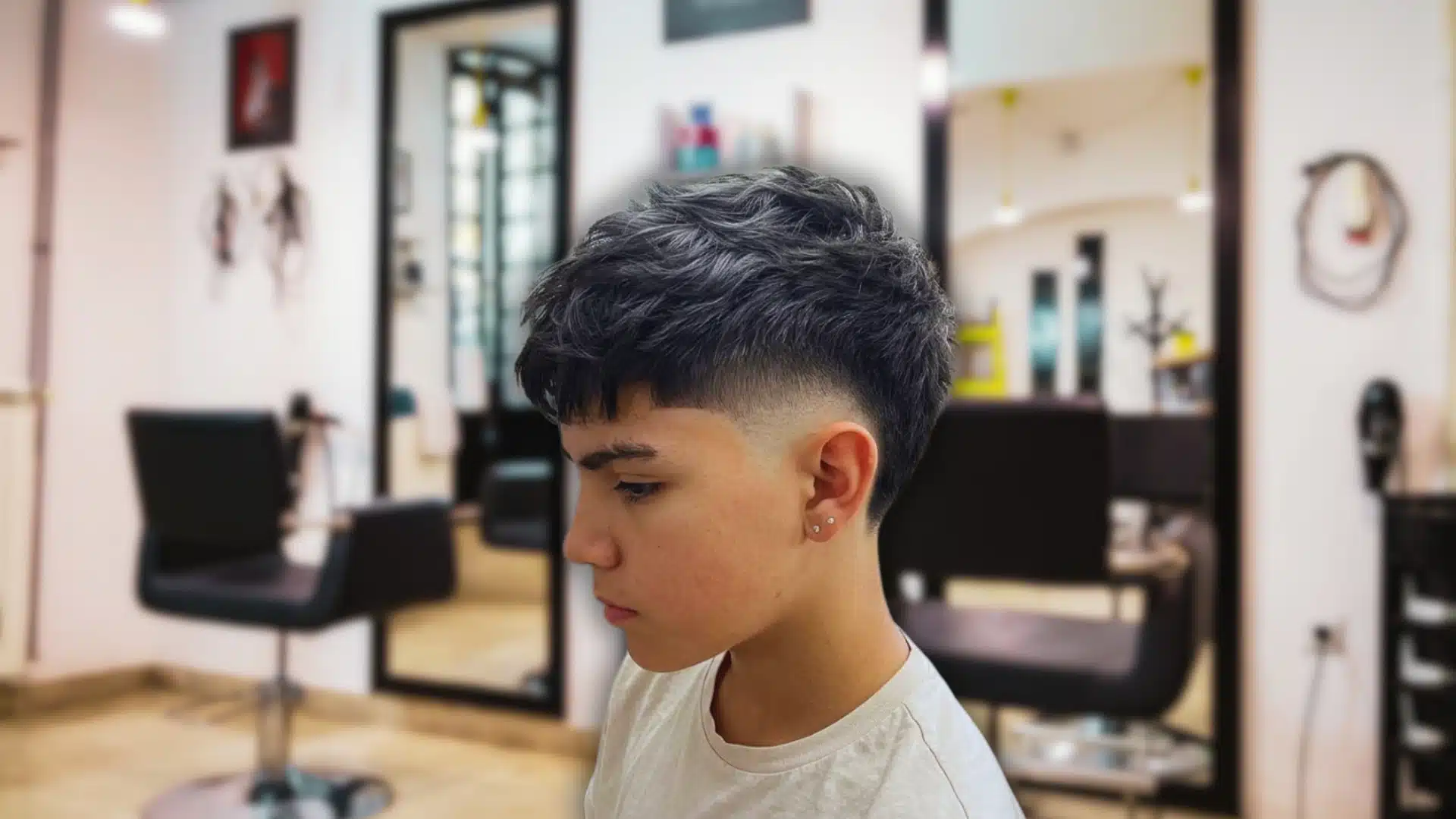 young man with a burst fade haircut and textured dark hair sitting inside a bright modern barbershop